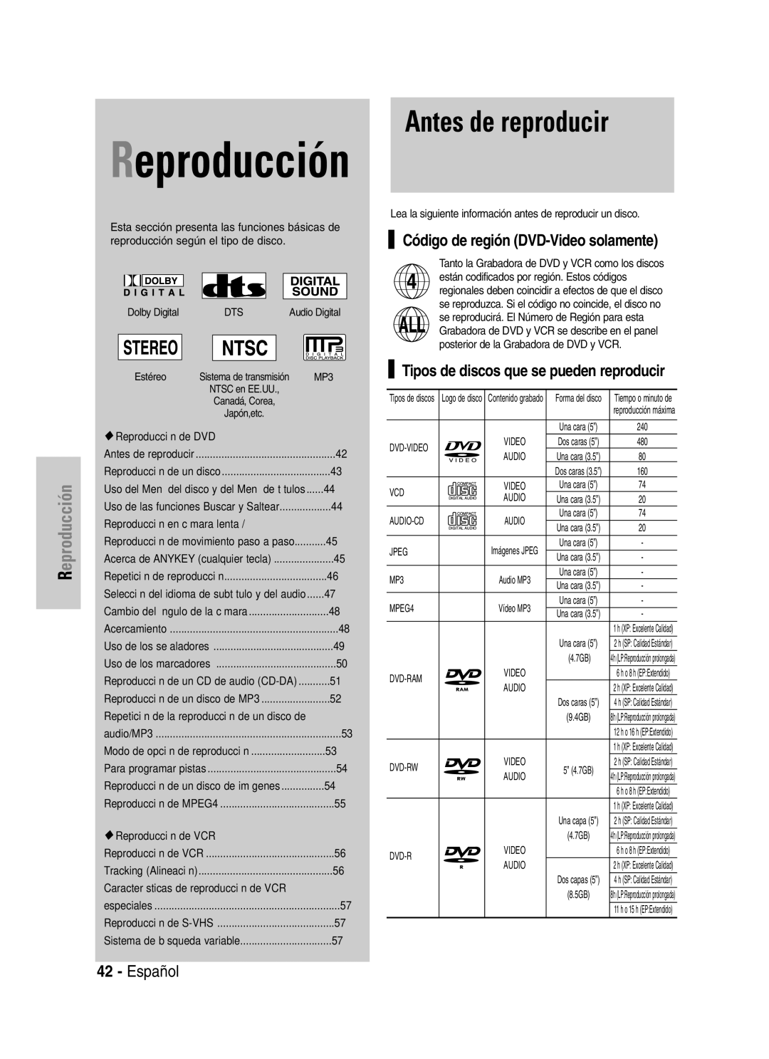 Samsung VR330 manual Antes de reproducir, Código de región DVD-Video solamente, Tipos de discos que se pueden reproducir 