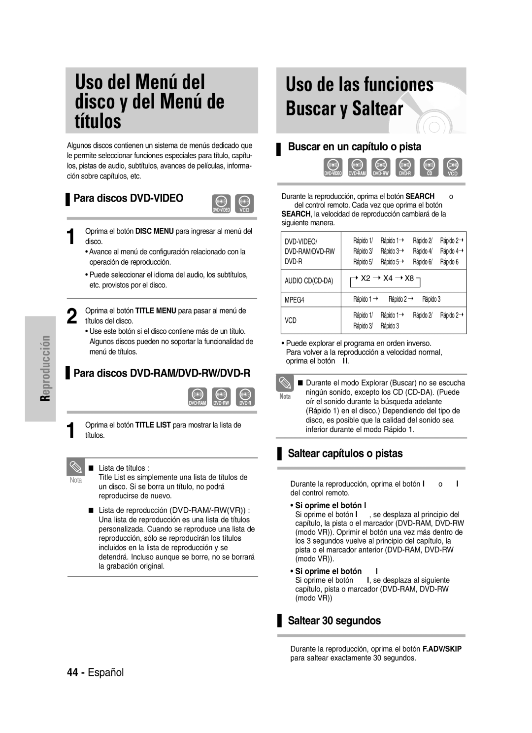 Samsung VR330 manual Uso de las funciones Buscar y Saltear, Para discos DVD-VIDEO, Buscar en un capítulo o pista 