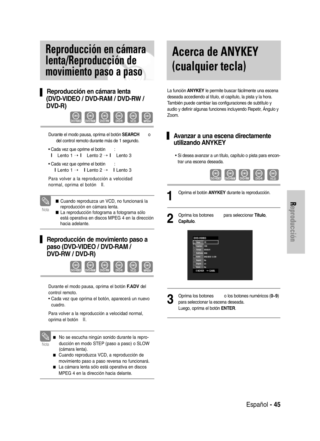 Samsung VR330 manual Acerca de Anykey cualquier tecla, Avanzar a una escena directamente utilizando Anykey, Capítulo 