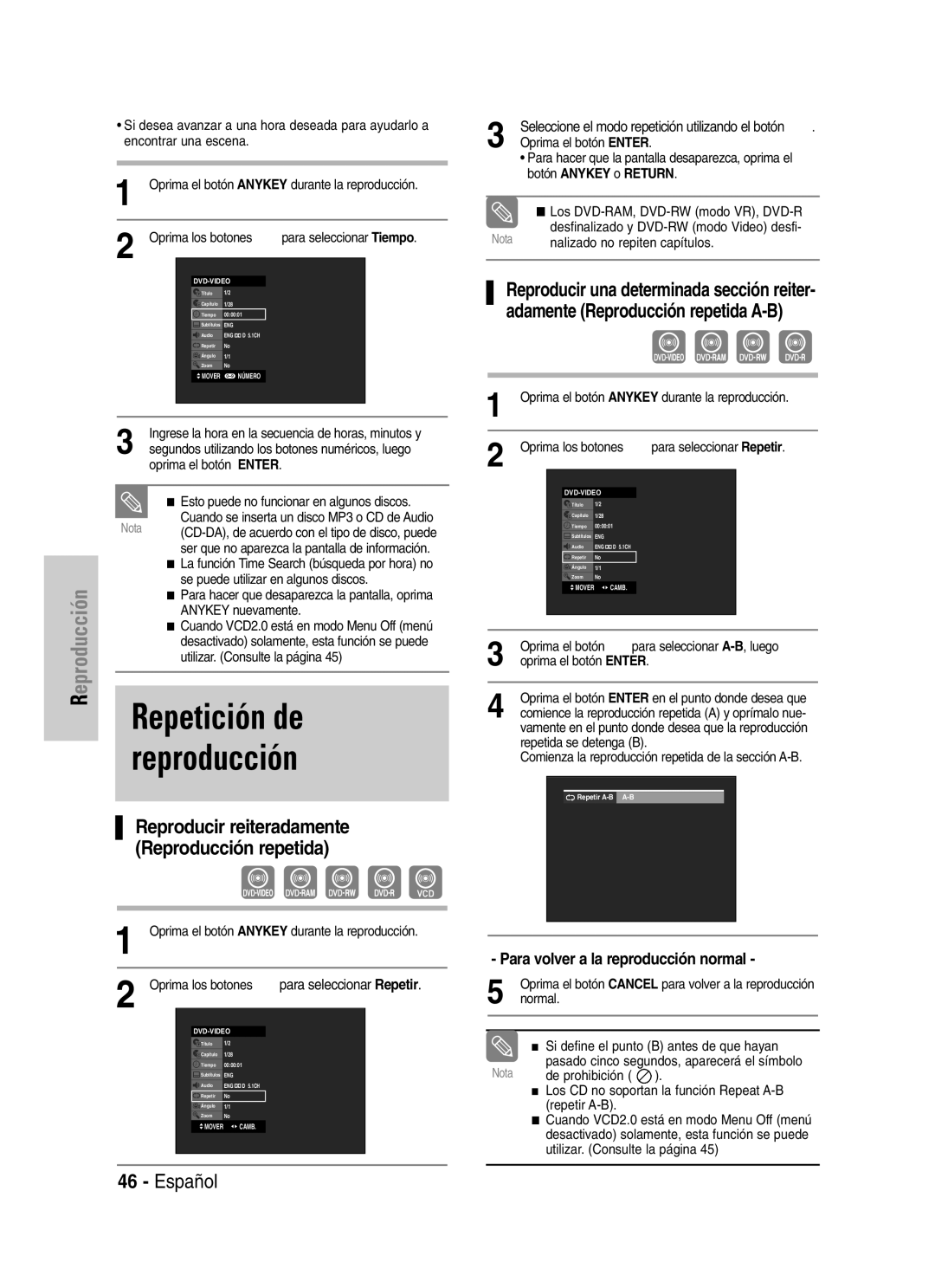 Samsung VR330 manual Repetición de reproducción, Reproducir reiteradamente Reproducción repetida 