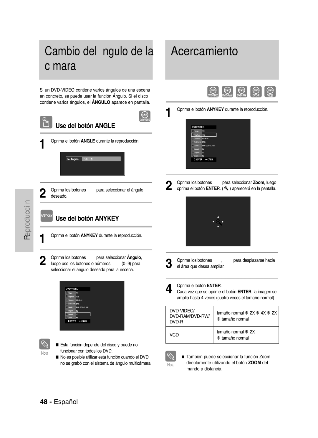 Samsung VR330 manual Cámara, Acercamiento, Use del botón Angle, Oprima los botones …† para seleccionar el ángulo, Deseado 