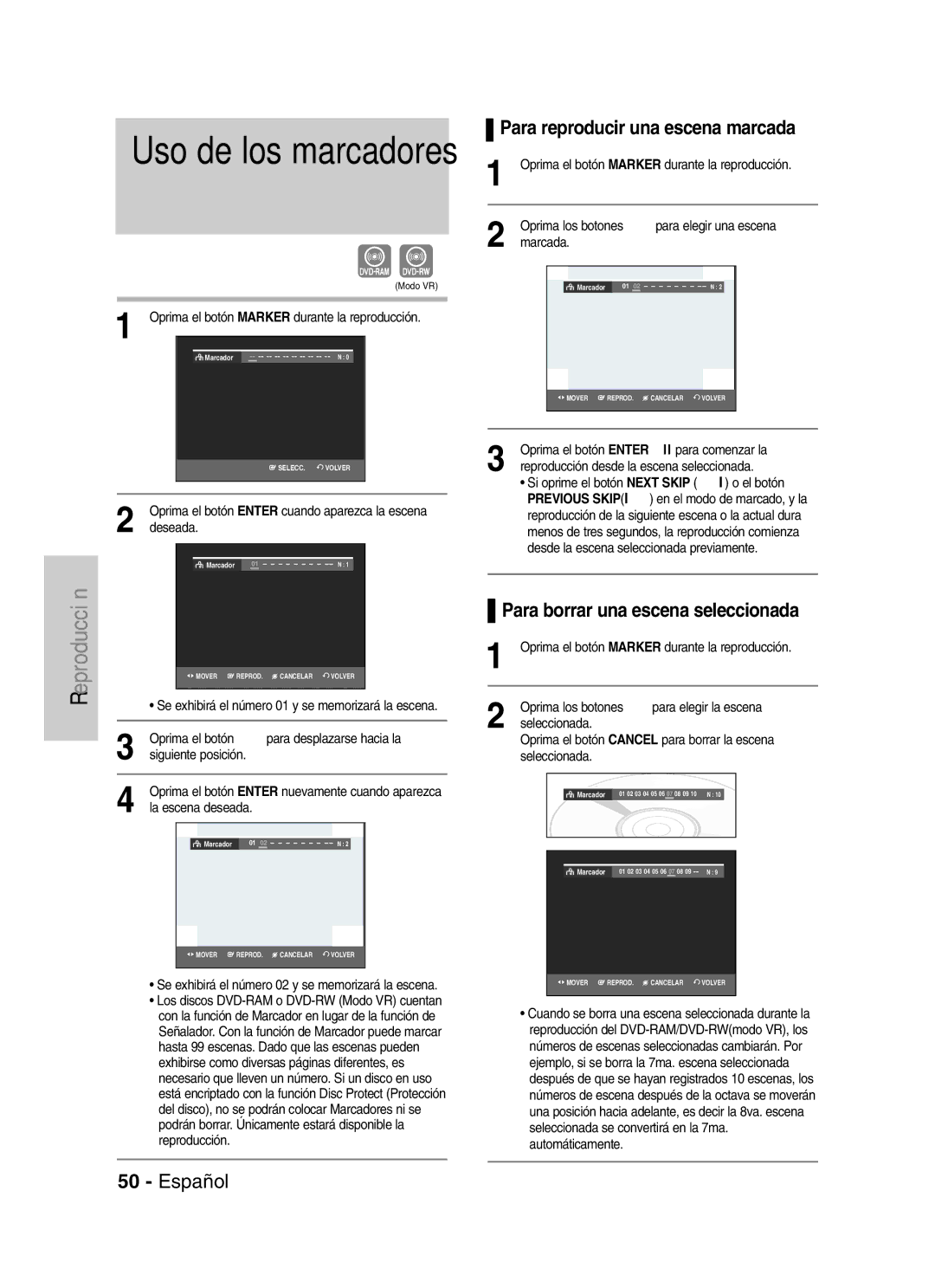 Samsung VR330 manual Para reproducir una escena marcada, Para borrar una escena seleccionada 