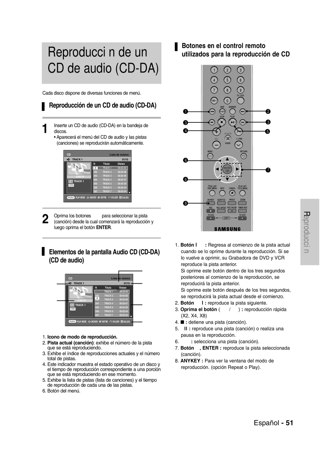 Samsung VR330 manual Reproducción de un CD de audio CD-DA, Elementos de la pantalla Audio CD CD-DA CD de audio 