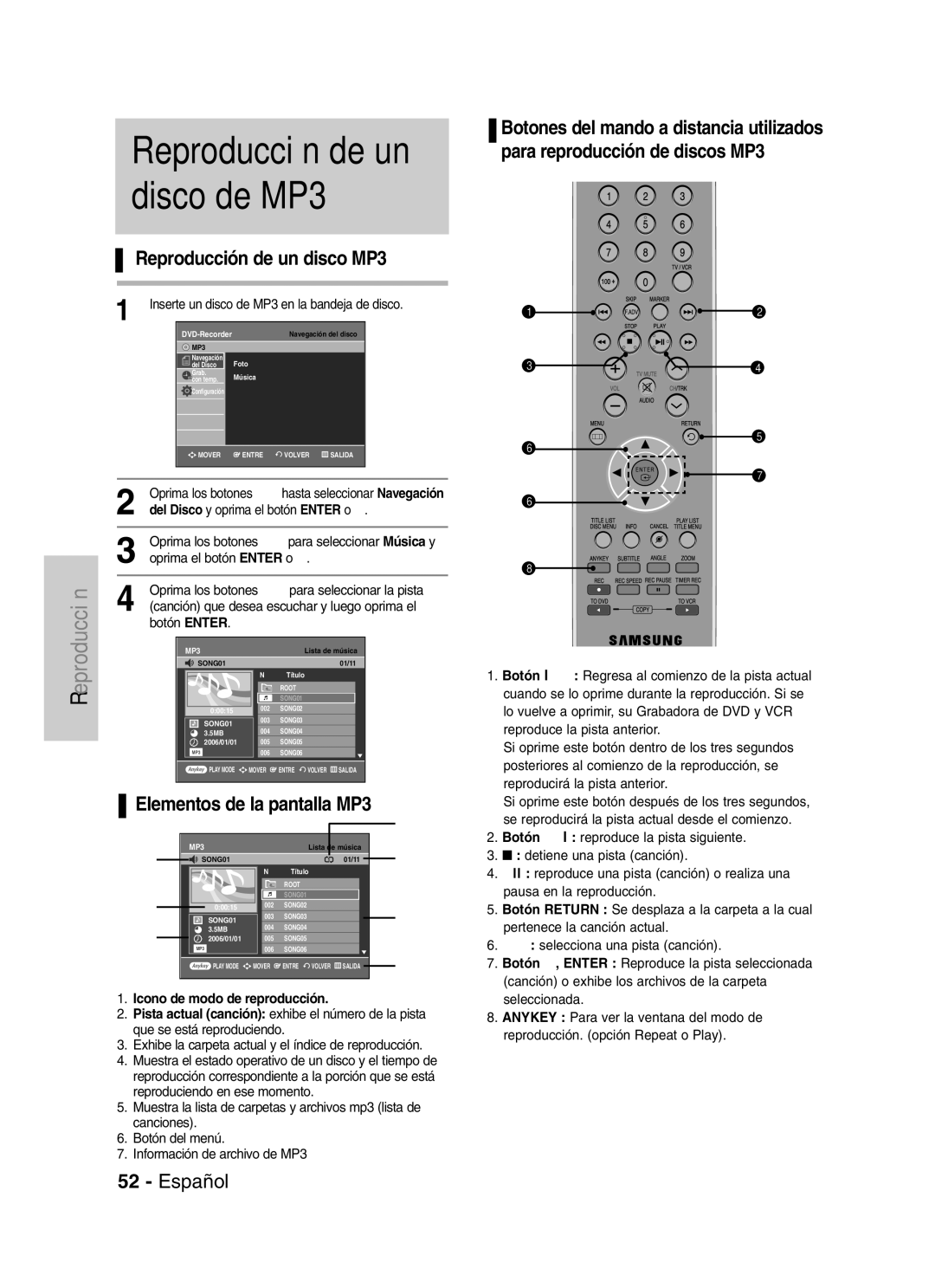 Samsung VR330 Reproducción de un disco MP3, Elementos de la pantalla MP3, Inserte un disco de MP3 en la bandeja de disco 