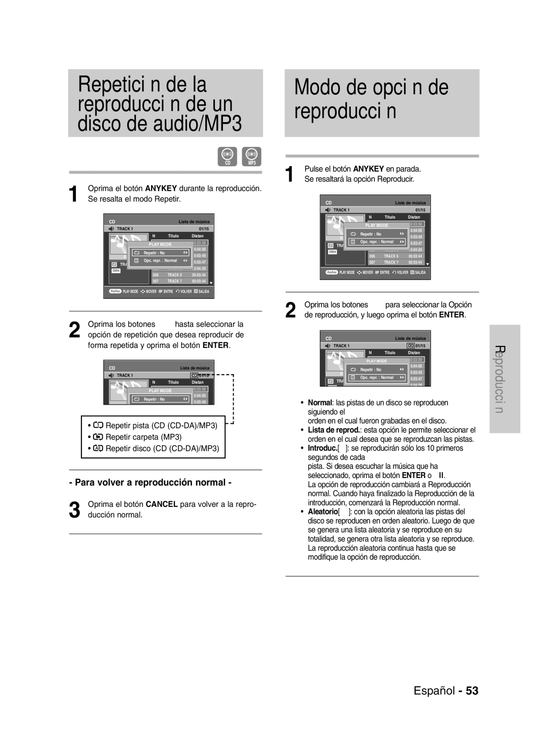 Samsung VR330 manual Repetición de la reproducción de un disco de audio/MP3, Para volver a reproducción normal 