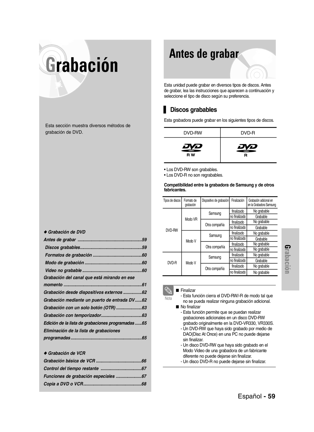 Samsung VR330 manual Antes de grabar, Discos grabables 