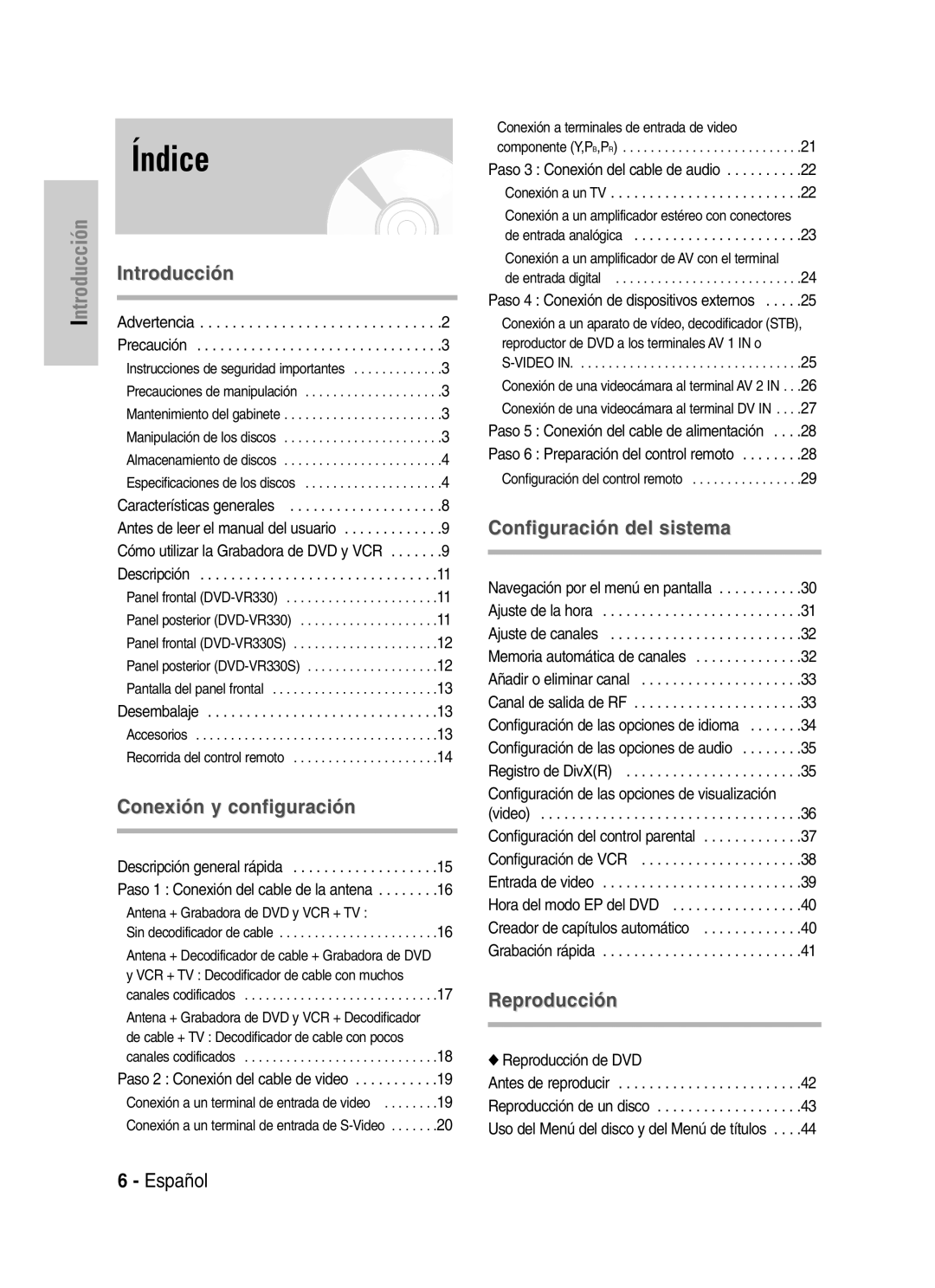 Samsung VR330 manual Índice 