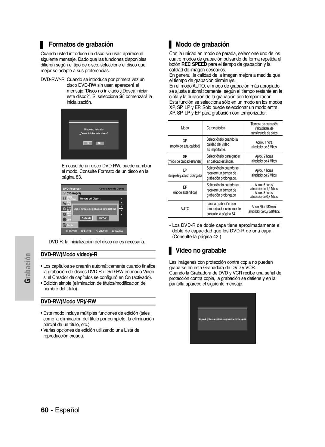 Samsung VR330 manual Formatos de grabación, Modo de grabación, Video no grabable, DVD-RWModo video/-R, DVD-RWModo VR/-RW 