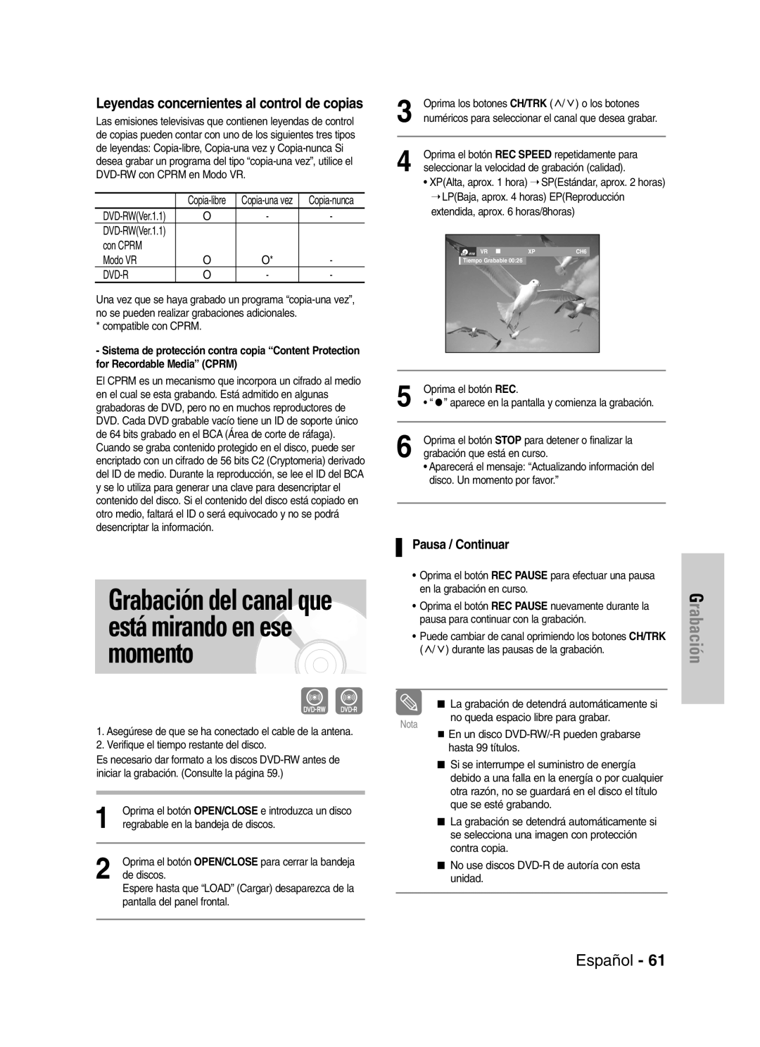 Samsung VR330 manual Leyendas concernientes al control de copias, Pausa / Continuar 