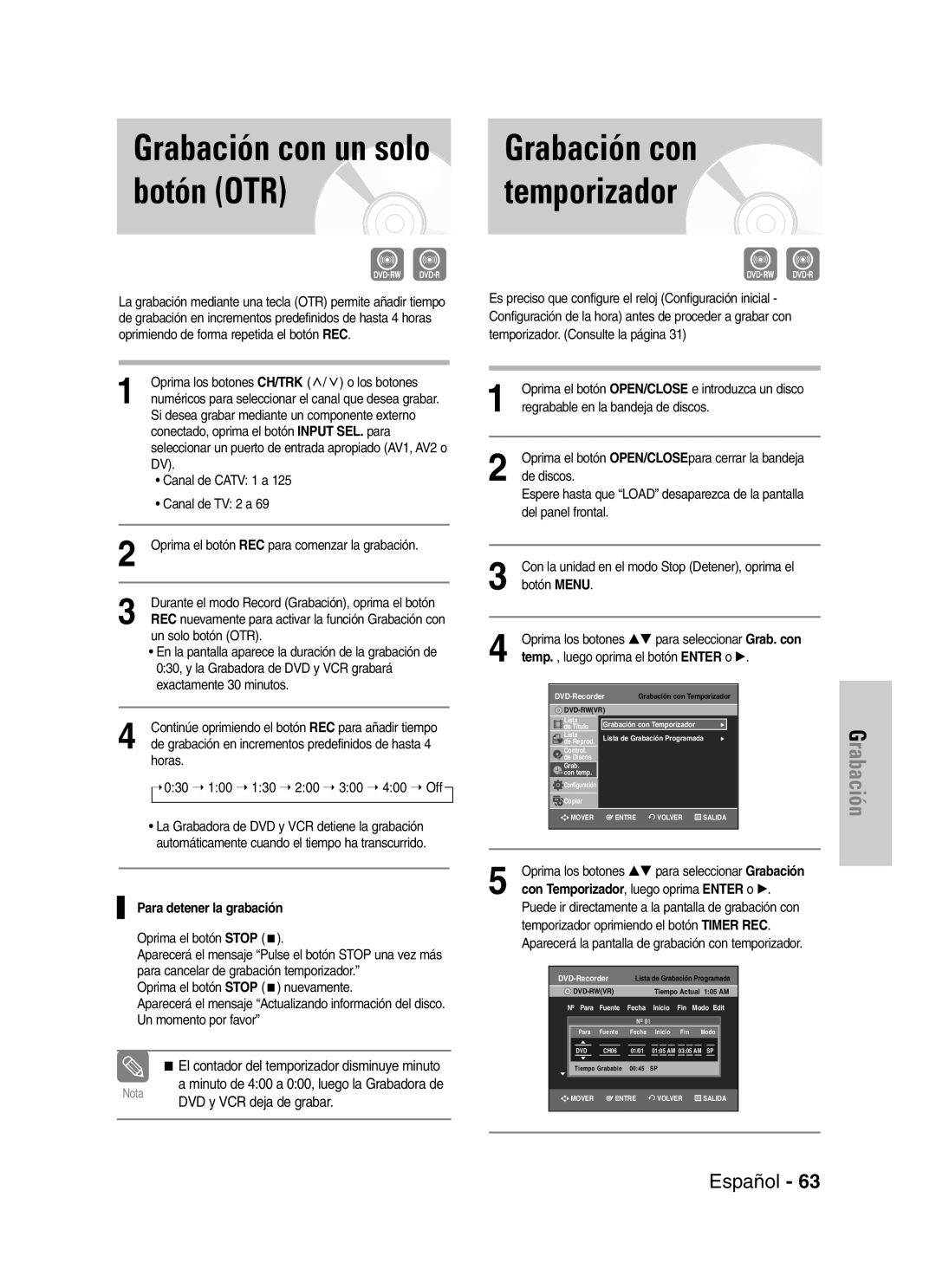 Samsung VR330 manual Botón OTR, Grabación con 