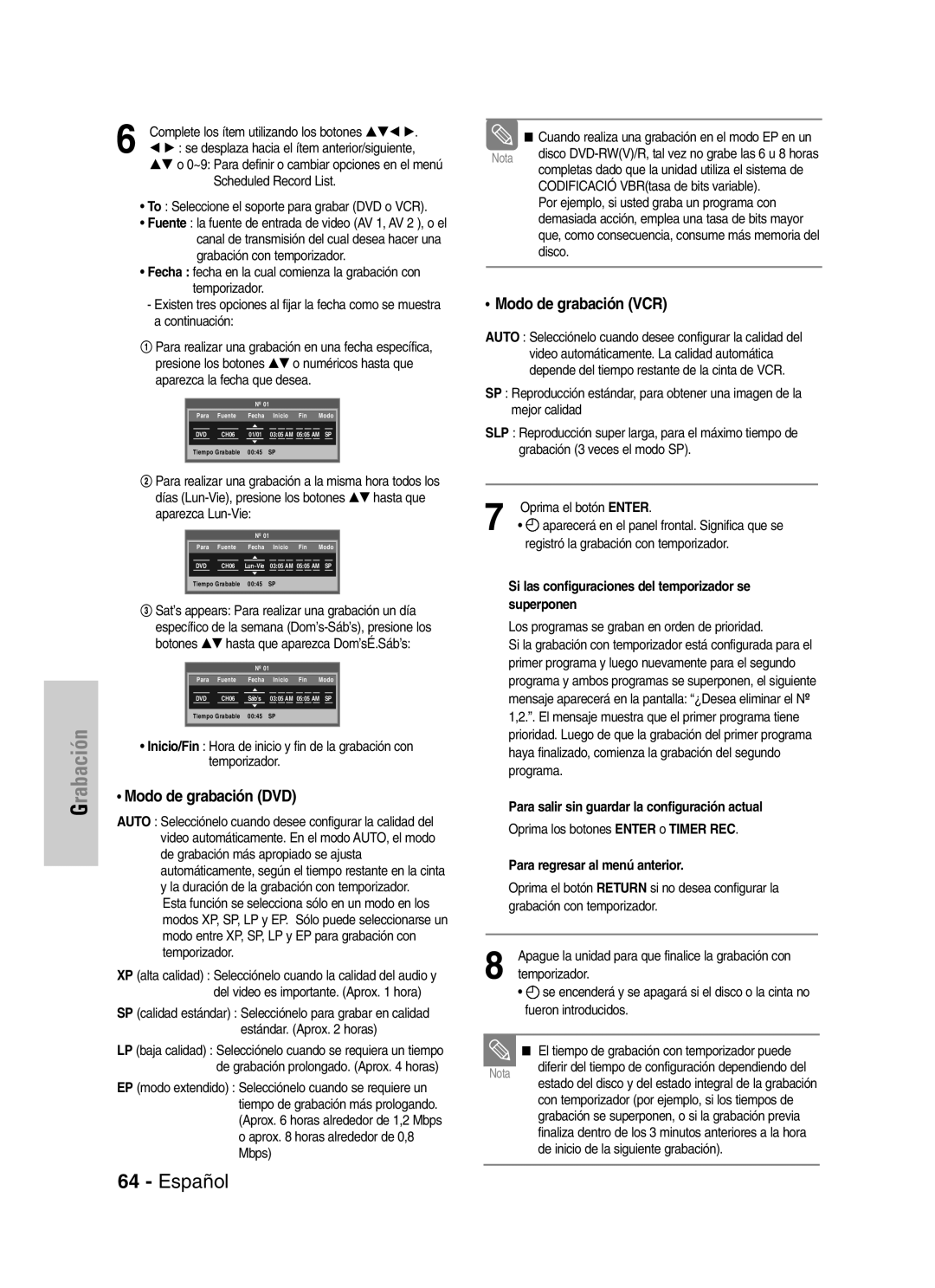 Samsung VR330 manual Modo de grabación DVD, Modo de grabación VCR, Si las configuraciones del temporizador se superponen 