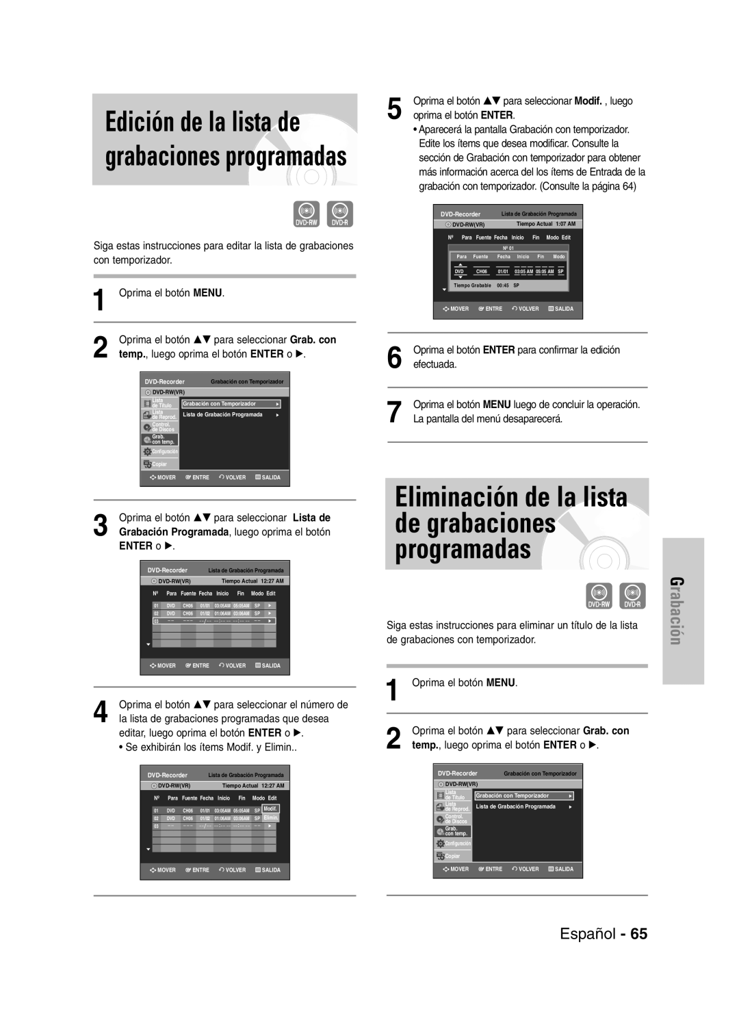 Samsung VR330 manual Temp., luego oprima el botón Enter o √, Oprima el botón …† para seleccionar Lista de 