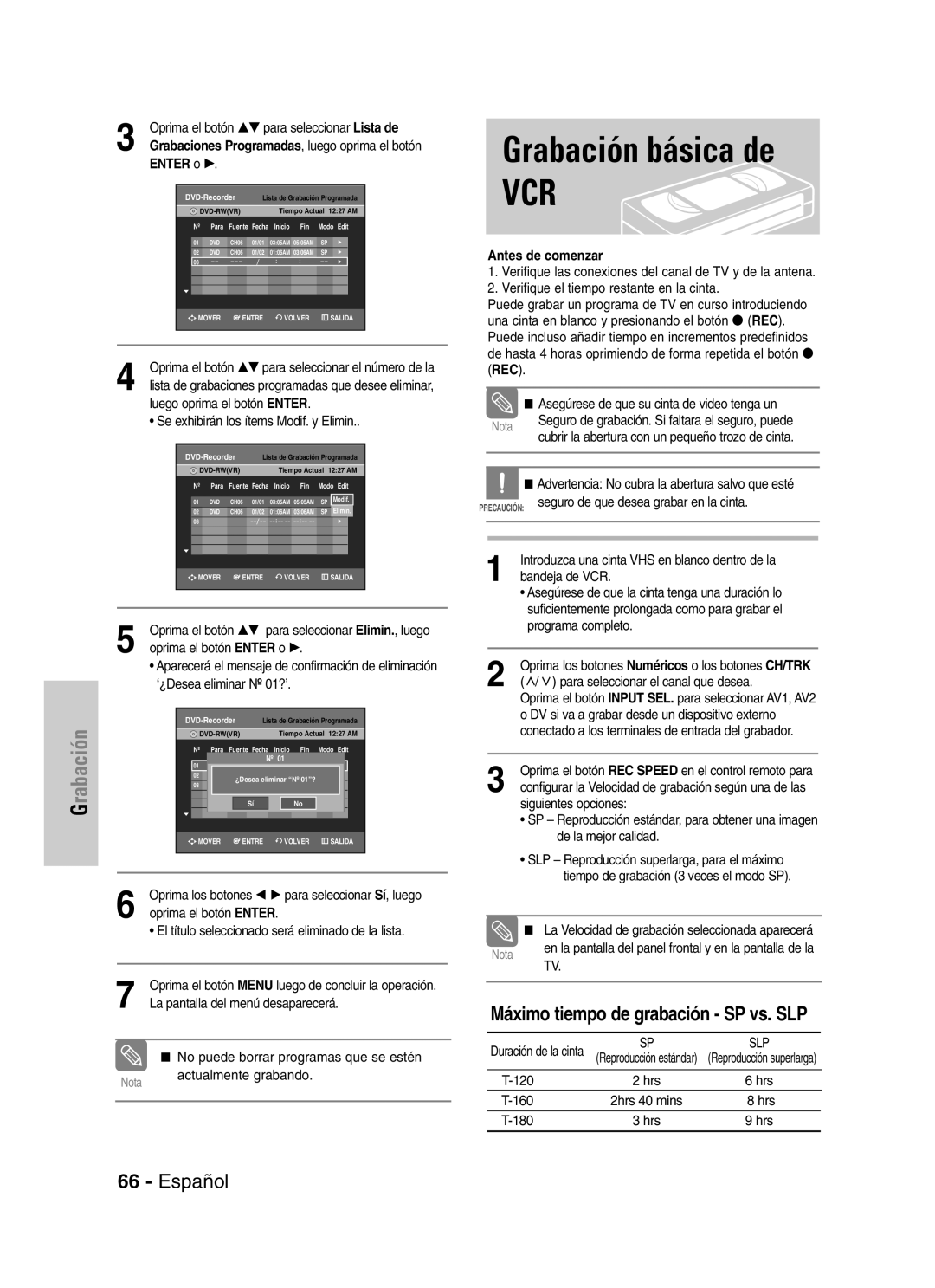 Samsung VR330 manual Grabación básica de, Máximo tiempo de grabación SP vs. SLP, Antes de comenzar 