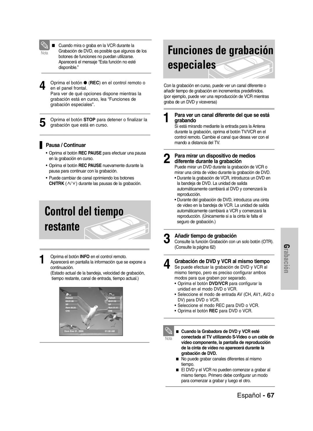 Samsung VR330 manual Funciones de grabación especiales, Para ver un canal diferente del que se está grabando, Continuación 