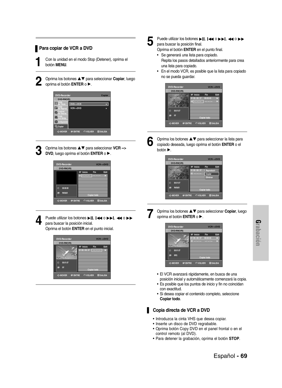 Samsung VR330 manual Para copiar de VCR a DVD, Copia directa de VCR a DVD, Oprima los botones …† para seleccionar VCR 