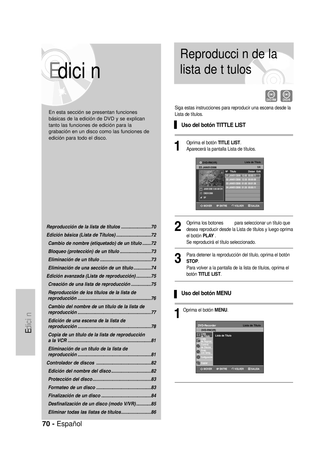 Samsung VR330 manual Lista de títulos, Reproducción de la, Uso del botón Tittle List, Uso del botón Menu 