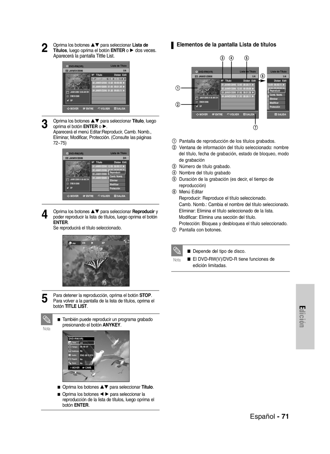 Samsung VR330 Elementos de la pantalla Lista de títulos, 72~75, Se reproducirá el título seleccionado, Botón Title List 