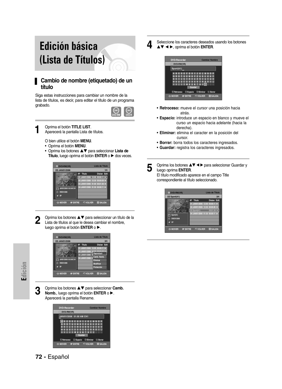 Samsung VR330 manual Edición básica Lista de Títulos, Cambio de nombre etiquetado de un título 