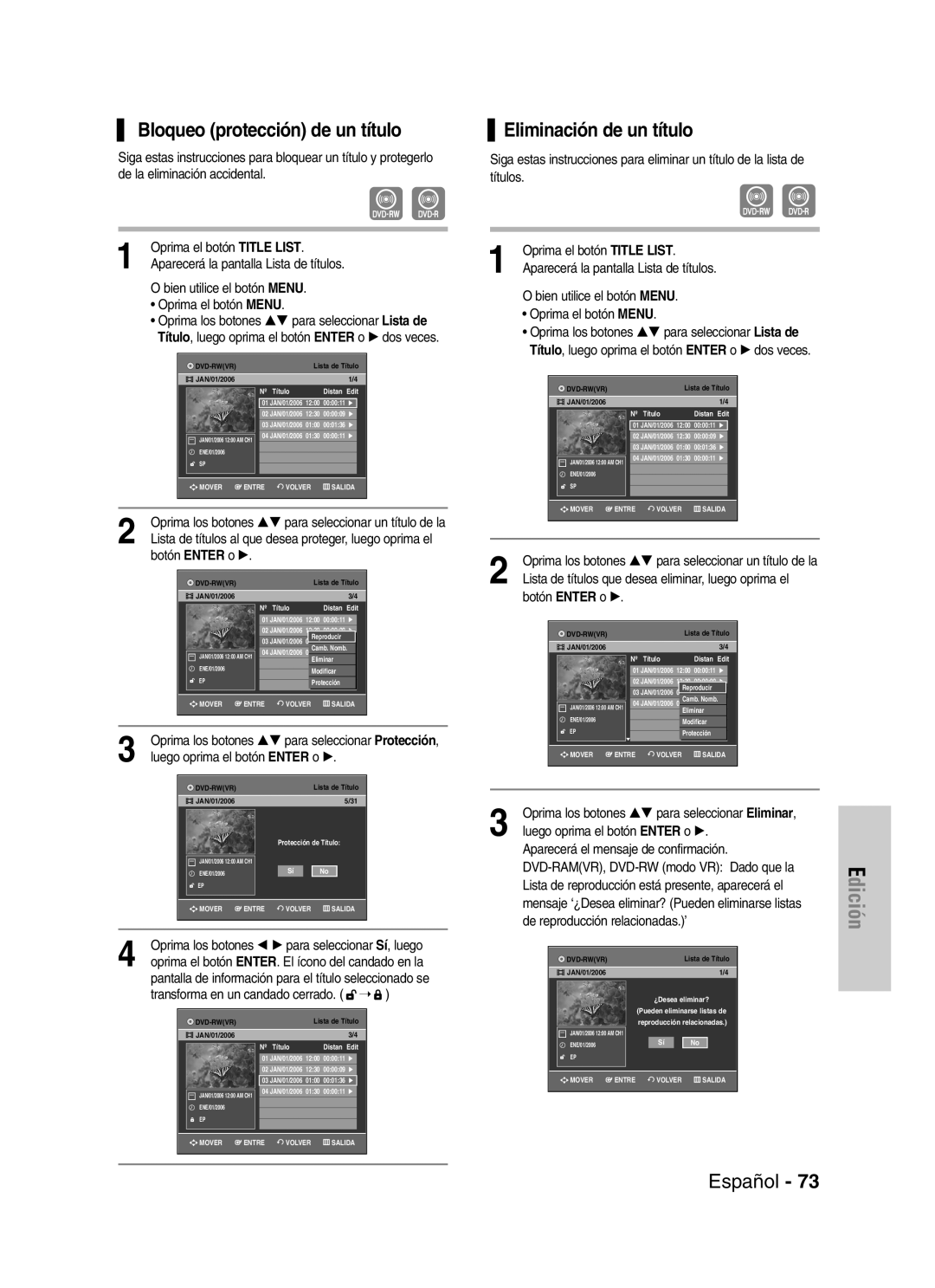 Samsung VR330 manual Bloqueo protección de un título, Eliminación de un título 