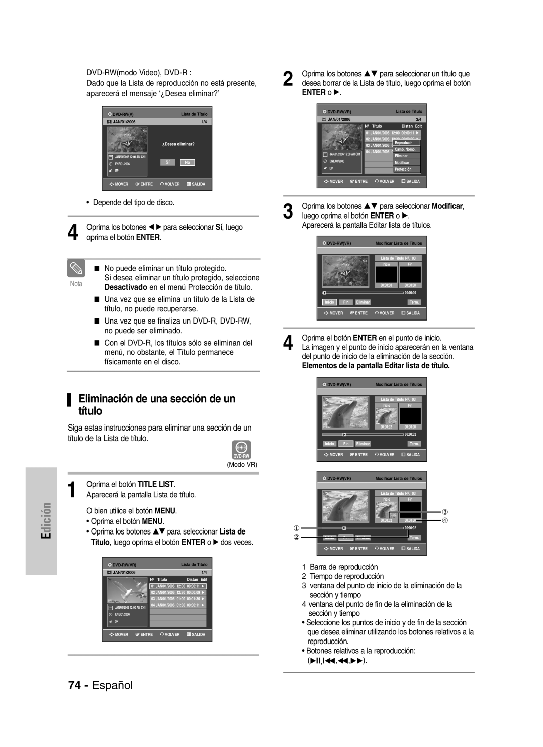 Samsung VR330 manual Eliminación de una sección de un título, Desactivado en el menú Protección de título 