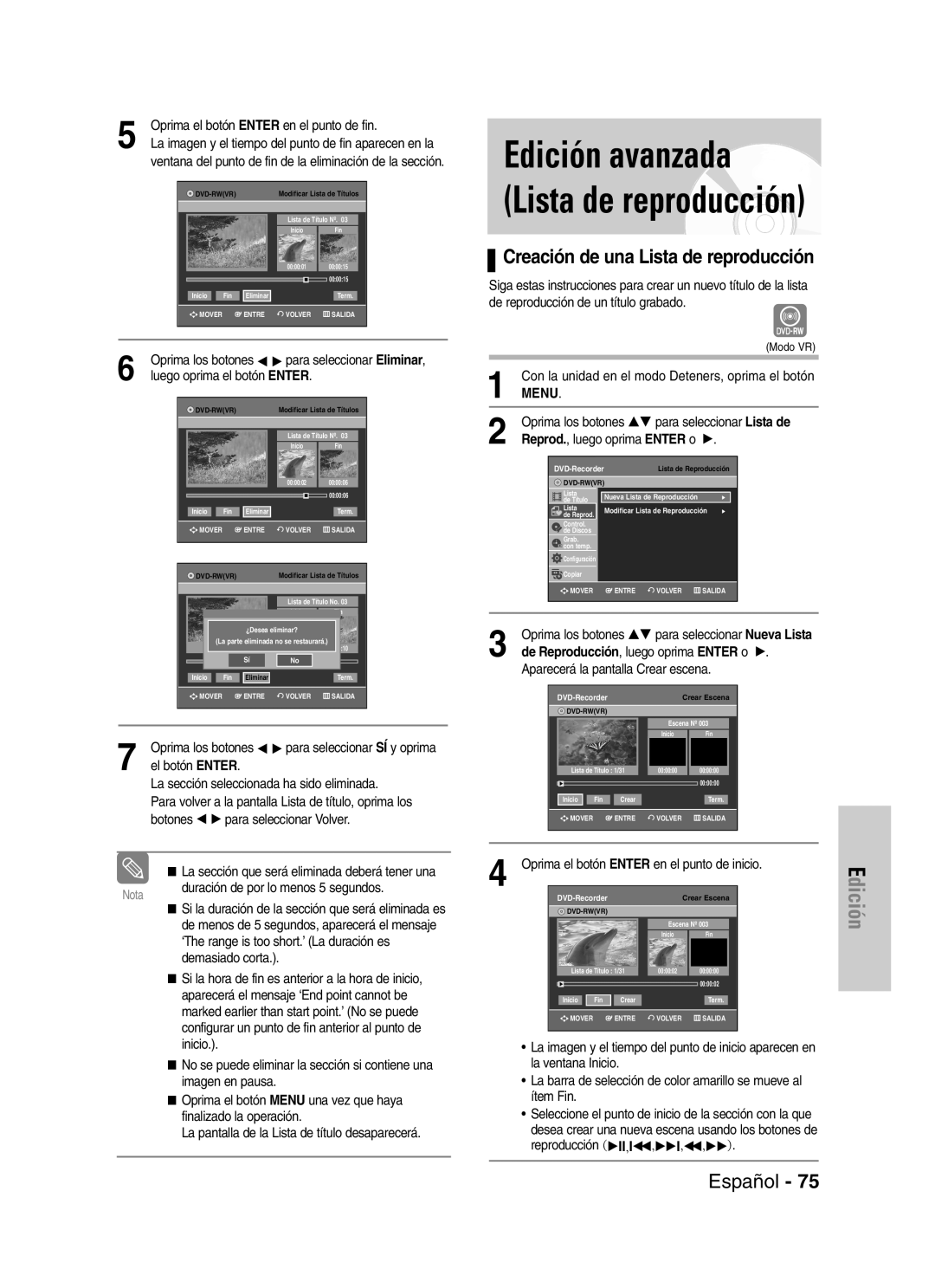 Samsung VR330 manual Edición avanzada Lista de reproducción, Creación de una Lista de reproducción 