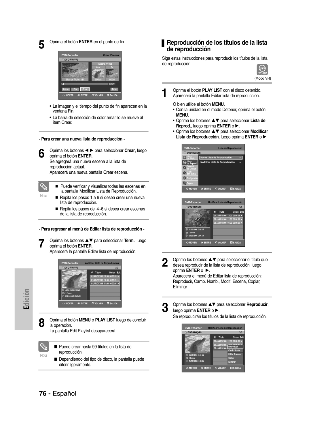 Samsung VR330 manual Reproducción de los títulos de la lista de reproducción, Para crear una nueva lista de reproducción 