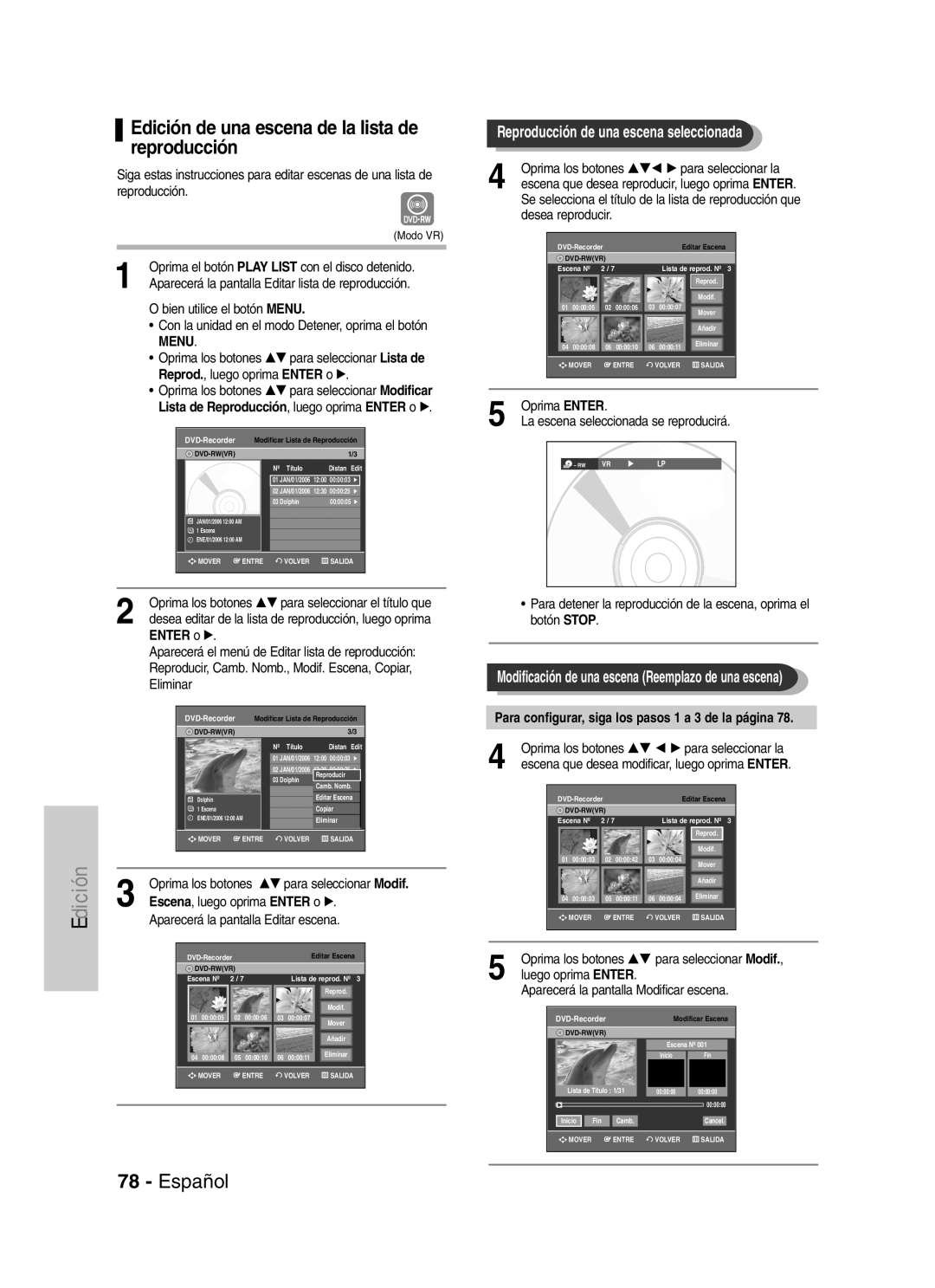 Samsung VR330 manual Edición de una escena de la lista de reproducción 