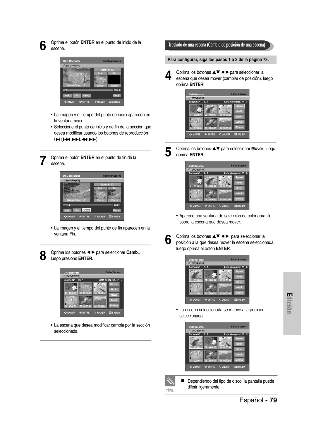 Samsung VR330 manual Luego presione Enter, Oprima Enter, La escena seleccionada se mueve a la posición seleccionada 