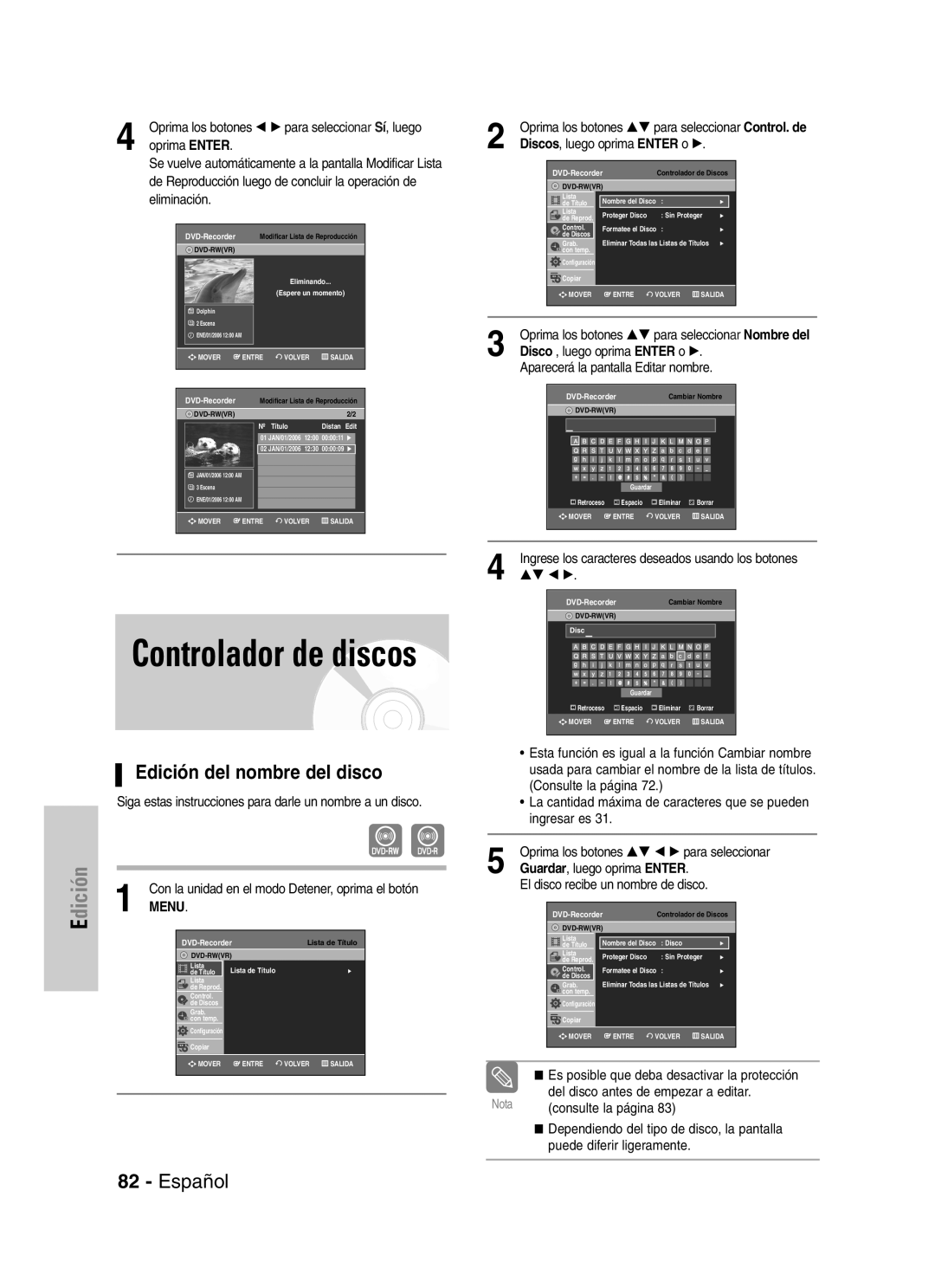 Samsung VR330 manual Edición del nombre del disco, Oprima los botones œ √ para selecci onar Sí, luego, Eliminación 