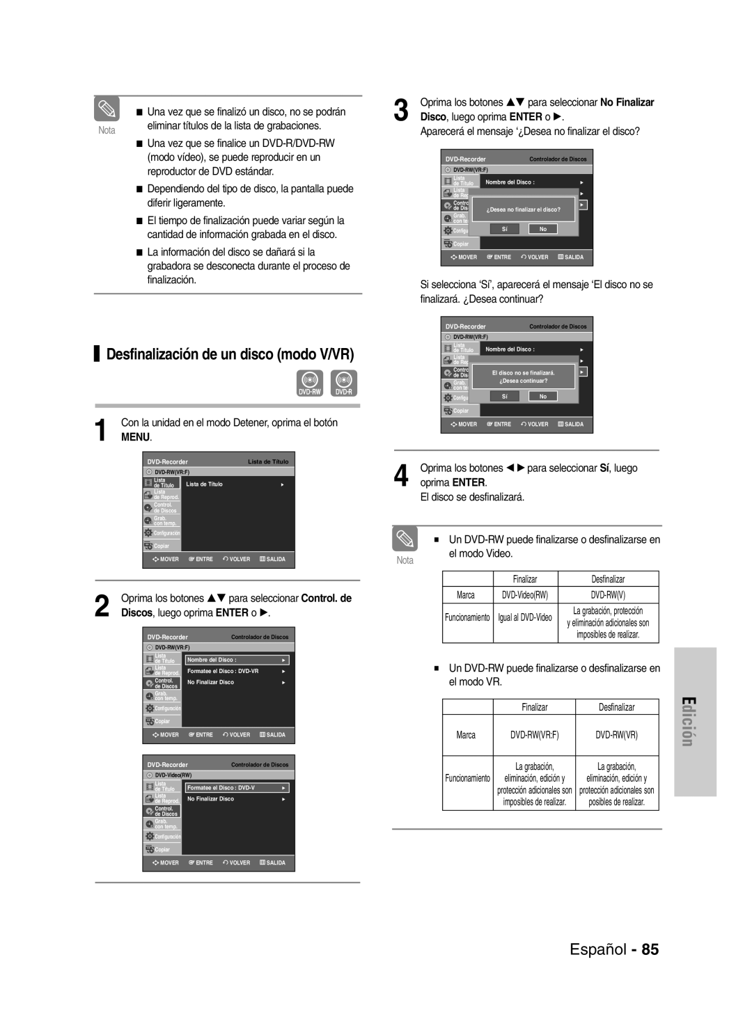 Samsung VR330 manual Desfinalización de un disco modo V/VR, Disco, luego oprima Enter o √ 