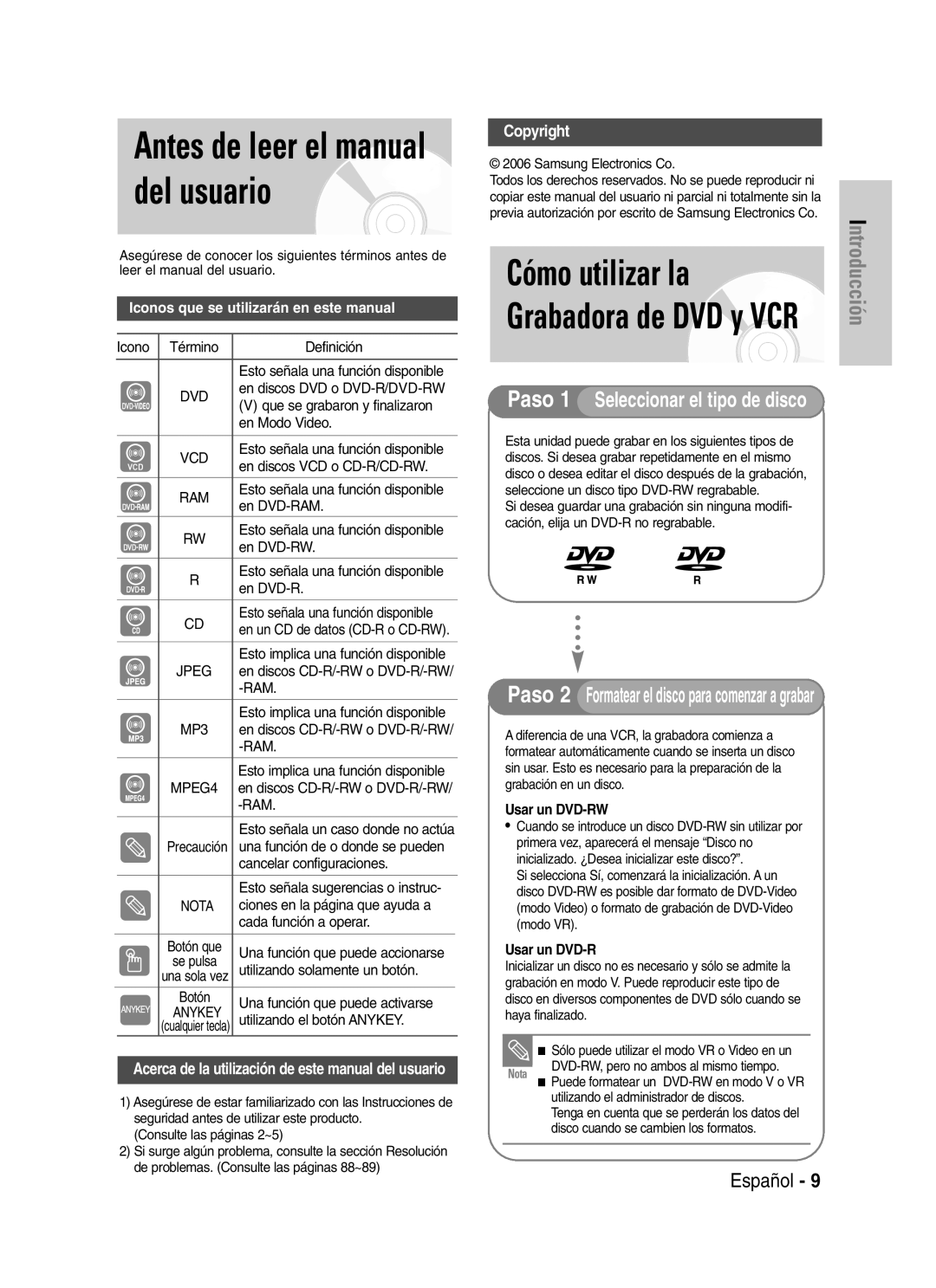 Samsung VR330 manual Samsung Electronics Co, Esto señala una función disponible, En discos DVD o DVD-R/DVD-RW 