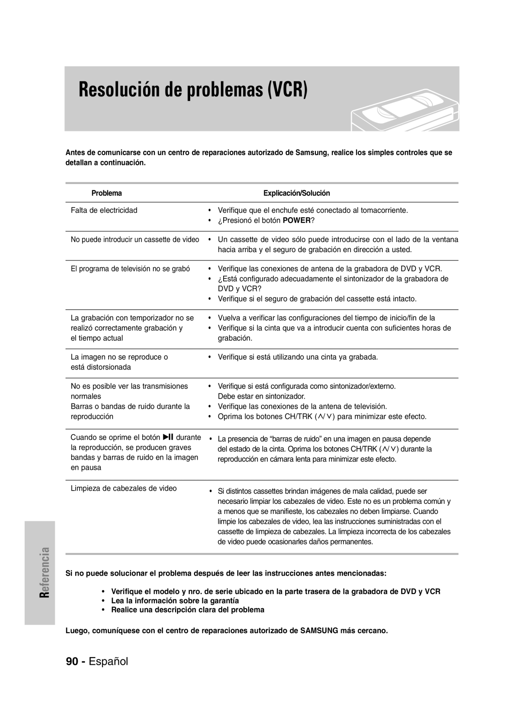 Samsung VR330 manual Resolución de problemas VCR, De video puede ocasionarles daños permanentes 