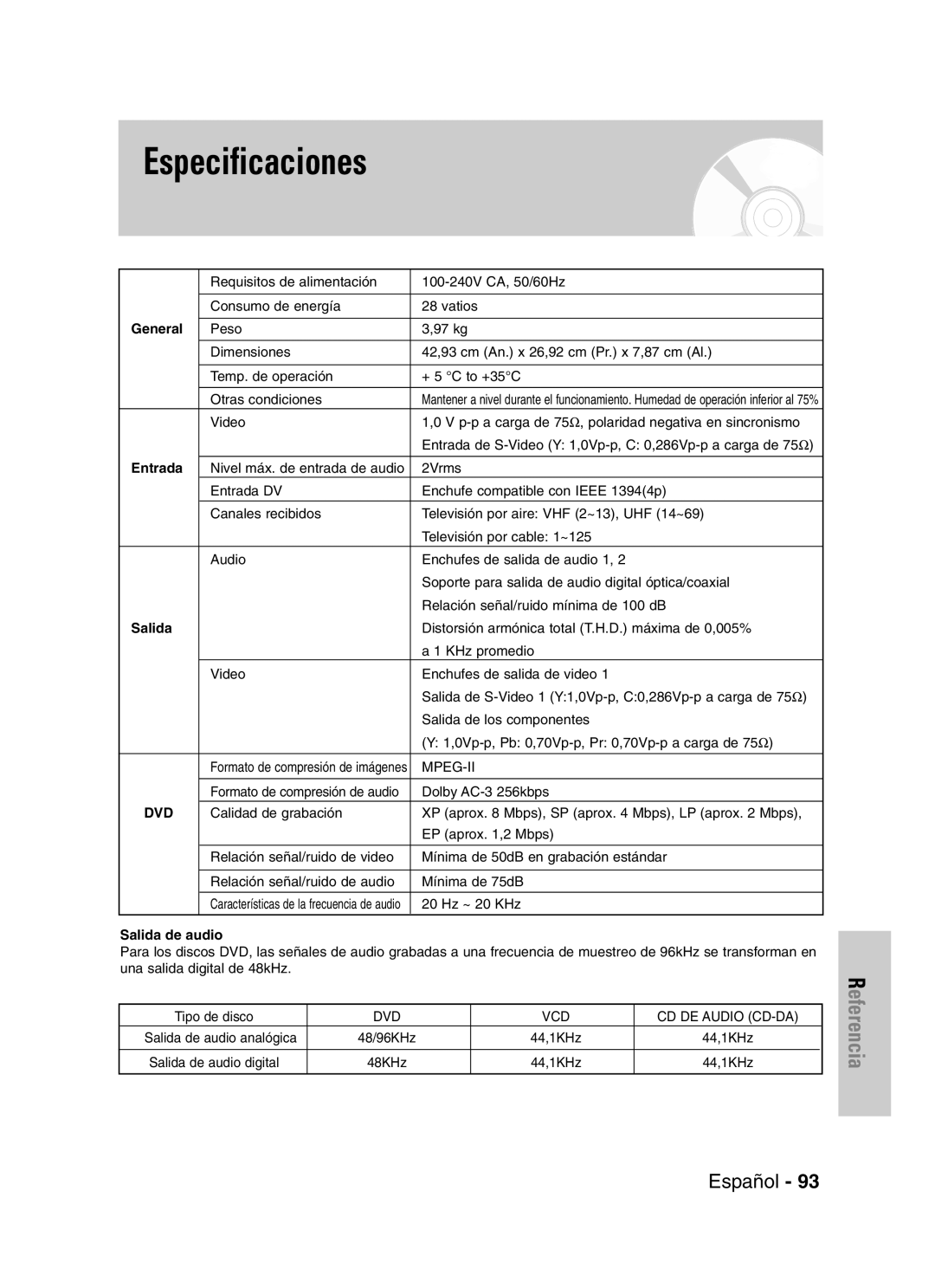 Samsung VR330 manual Especificaciones, General, Entrada, Salida de audio 