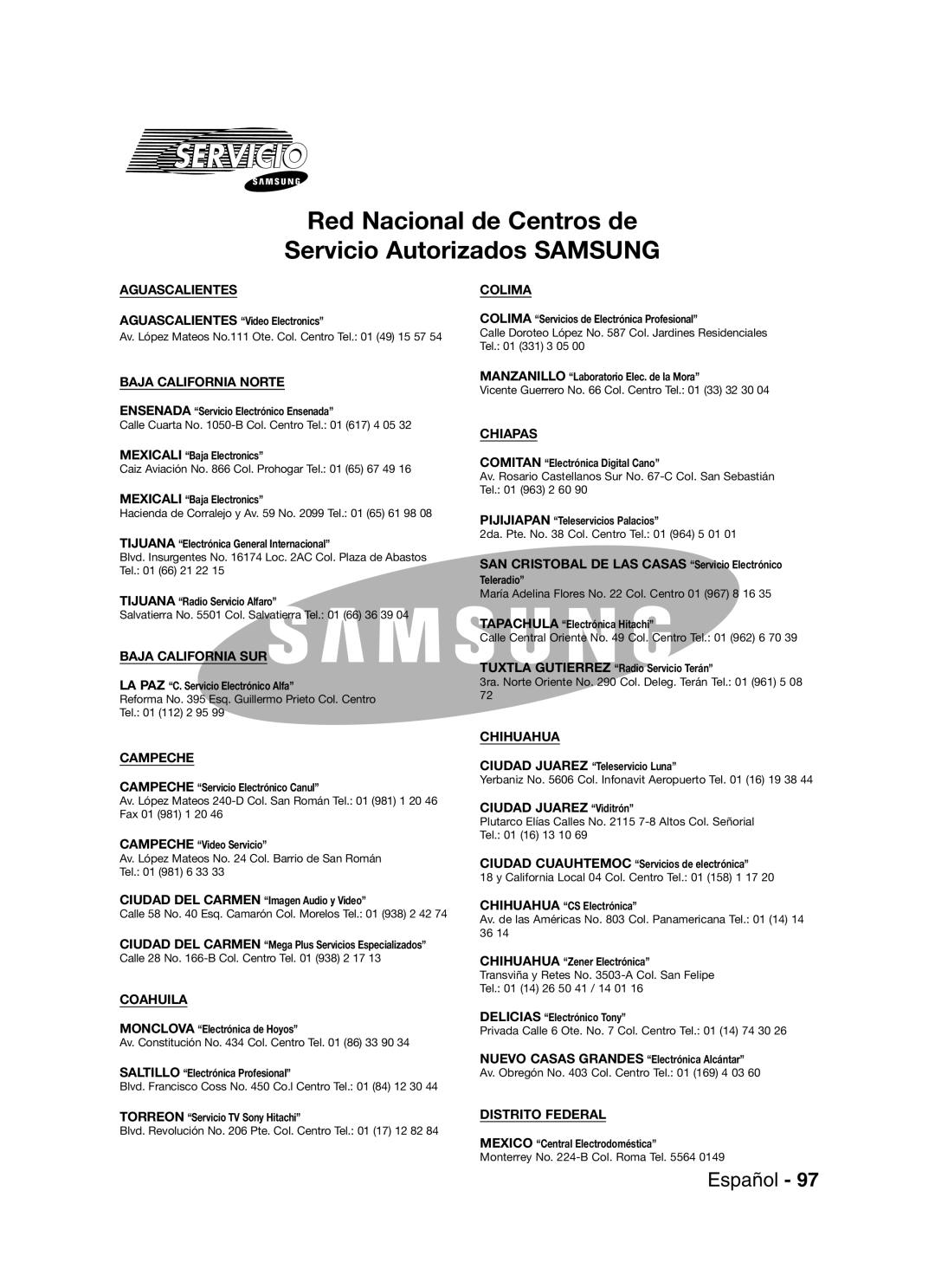 Samsung VR330 manual Red Nacional de Centros de Servicio Autorizados Samsung 