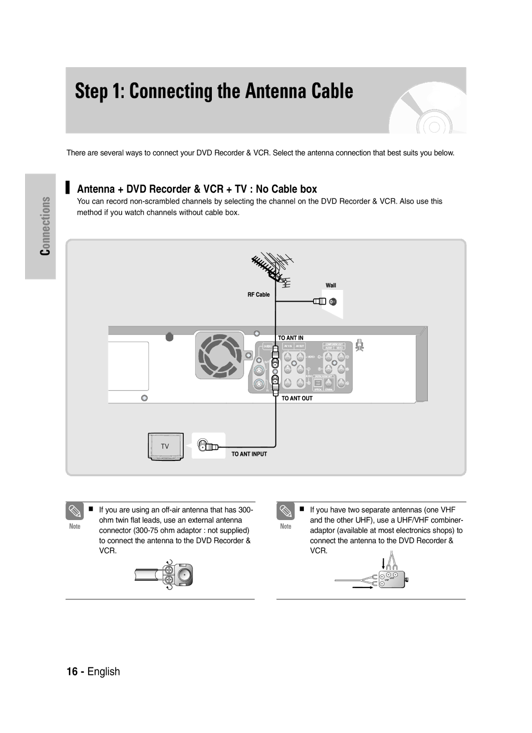 Samsung VR330S, DVD-VR330 instruction manual Connecting the Antenna Cable, Antenna + DVD Recorder & VCR + TV No Cable box 