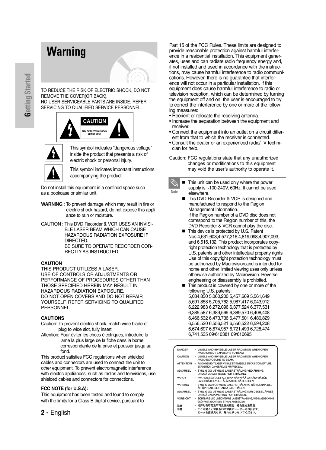 Samsung VR330S, DVD-VR330 instruction manual Getting Started, FCC Note for U.S.A 