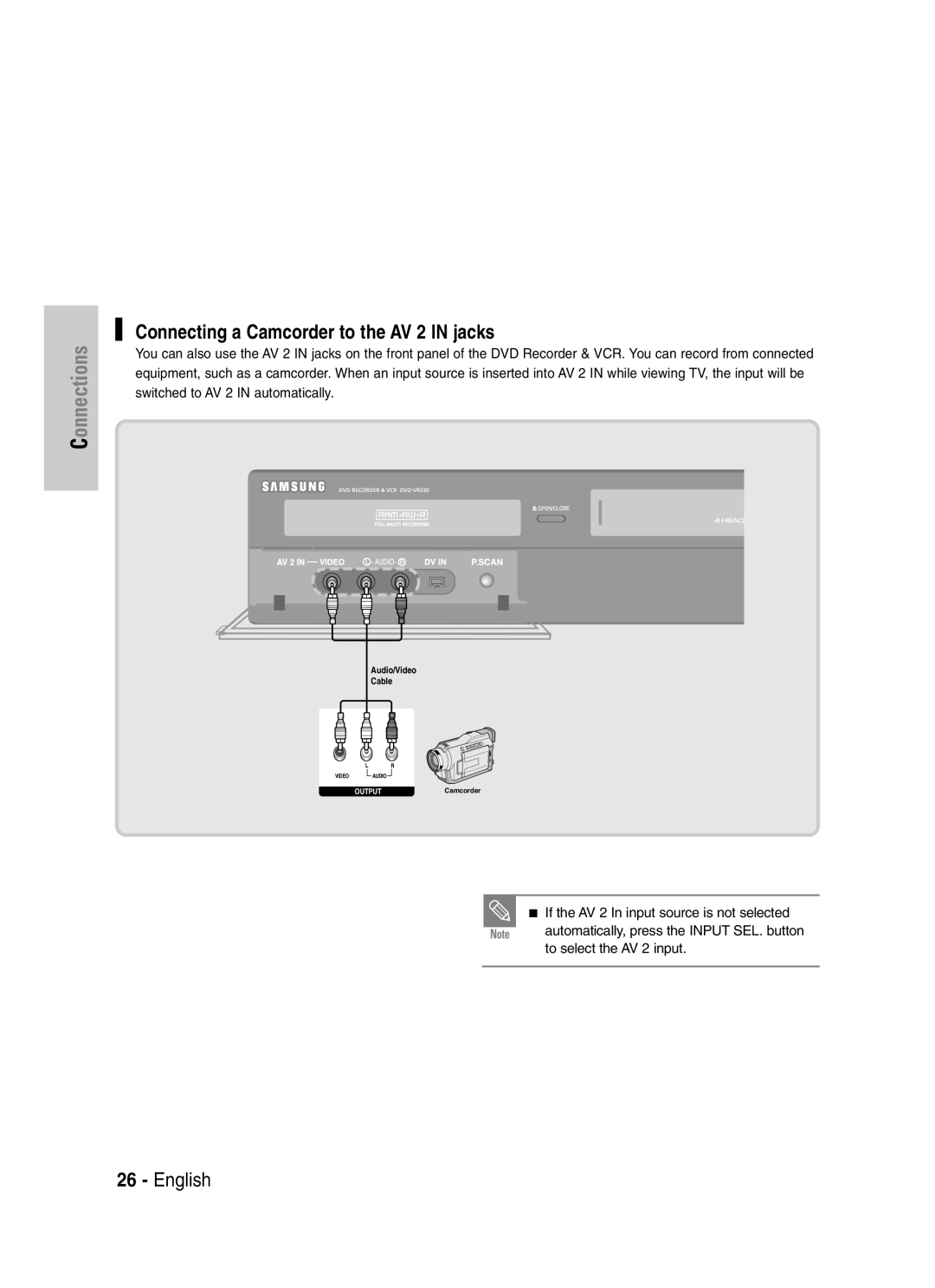 Samsung VR330S, DVD-VR330 Connecting a Camcorder to the AV 2 in jacks, If the AV 2 In input source is not selected 