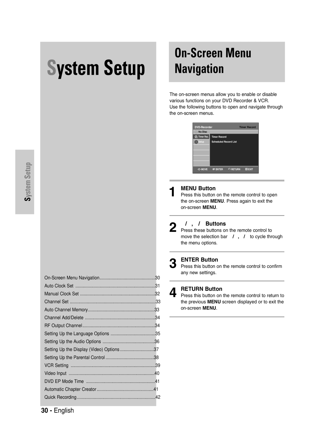 Samsung VR330S, DVD-VR330 instruction manual On-Screen Menu Navigation, …/†,œ /√ Buttons, Enter Button 