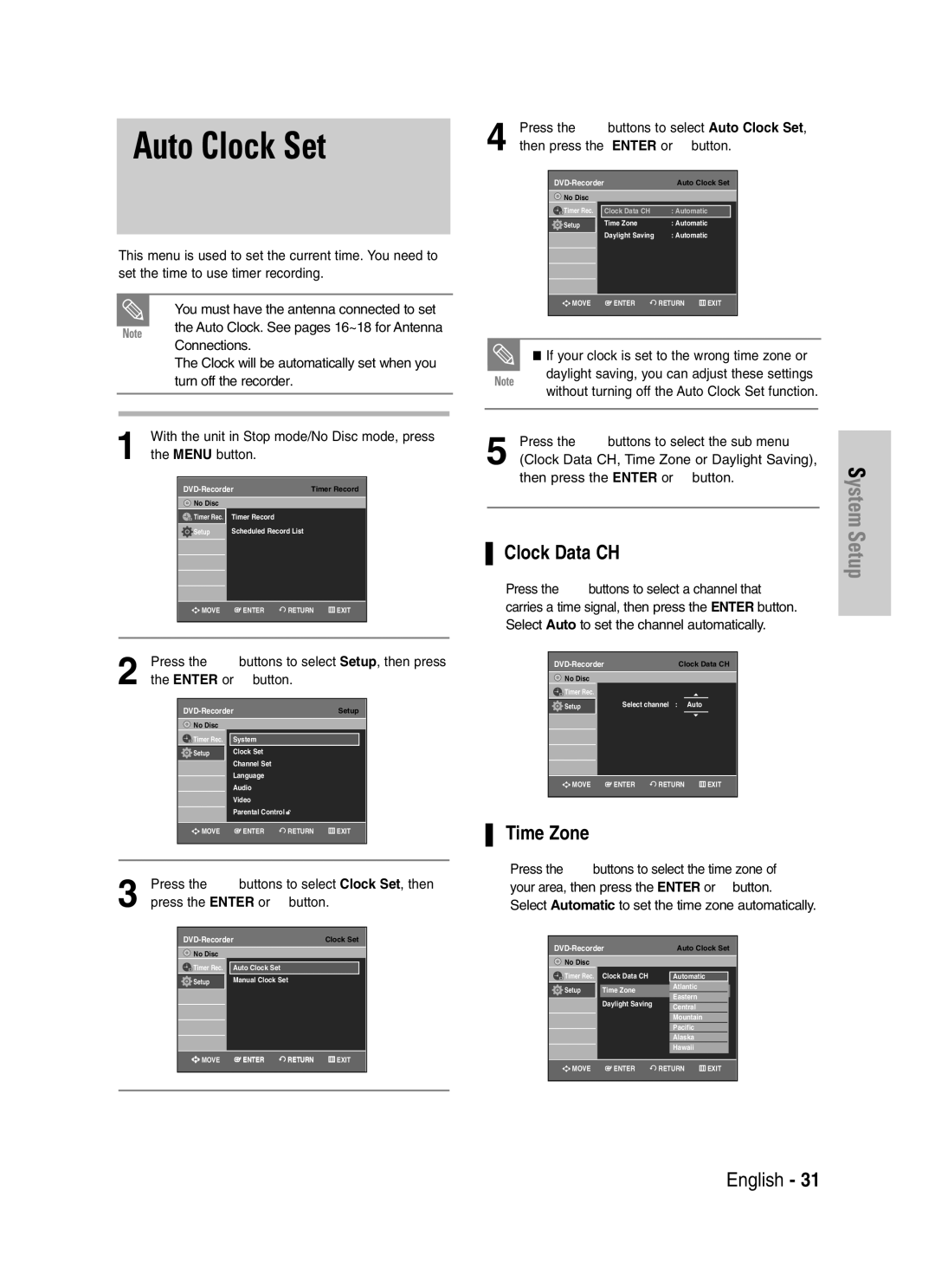 Samsung DVD-VR330, VR330S instruction manual Auto Clock Set, Clock Data CH, Time Zone 