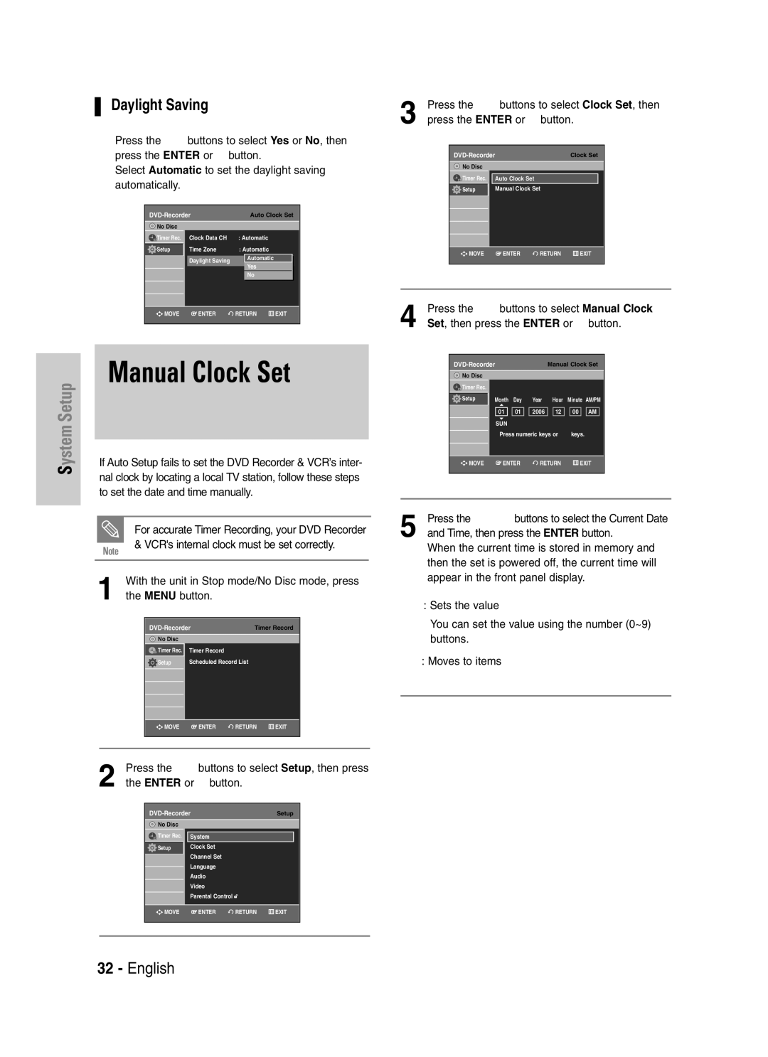 Samsung VR330S, DVD-VR330 instruction manual Manual Clock Set, Daylight Saving, Press the …† buttons to select Manual Clock 