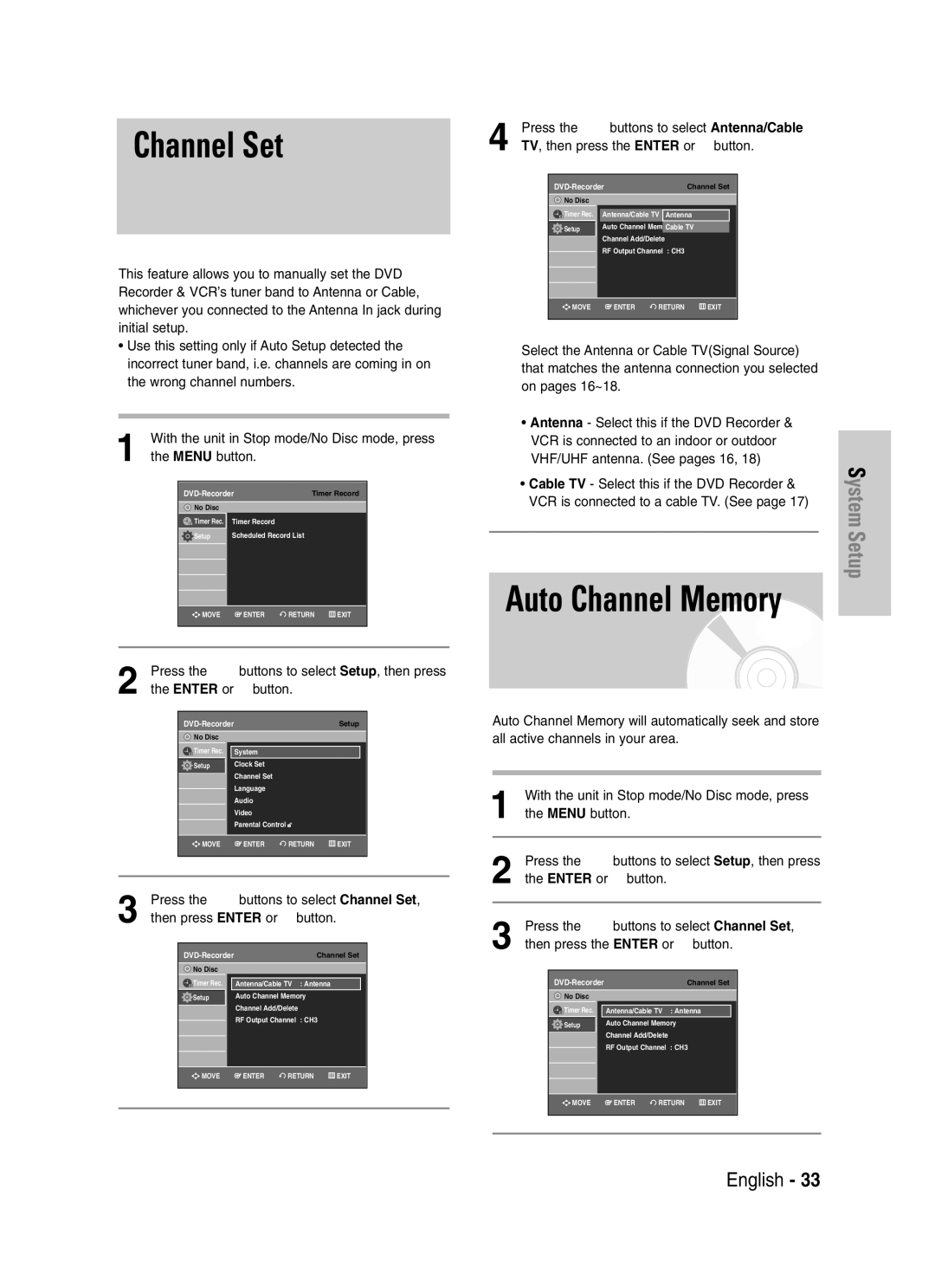 Samsung DVD-VR330 Auto Channel Memory, Press the …† buttons to select Channel Set, Then press the Enter or √ button 