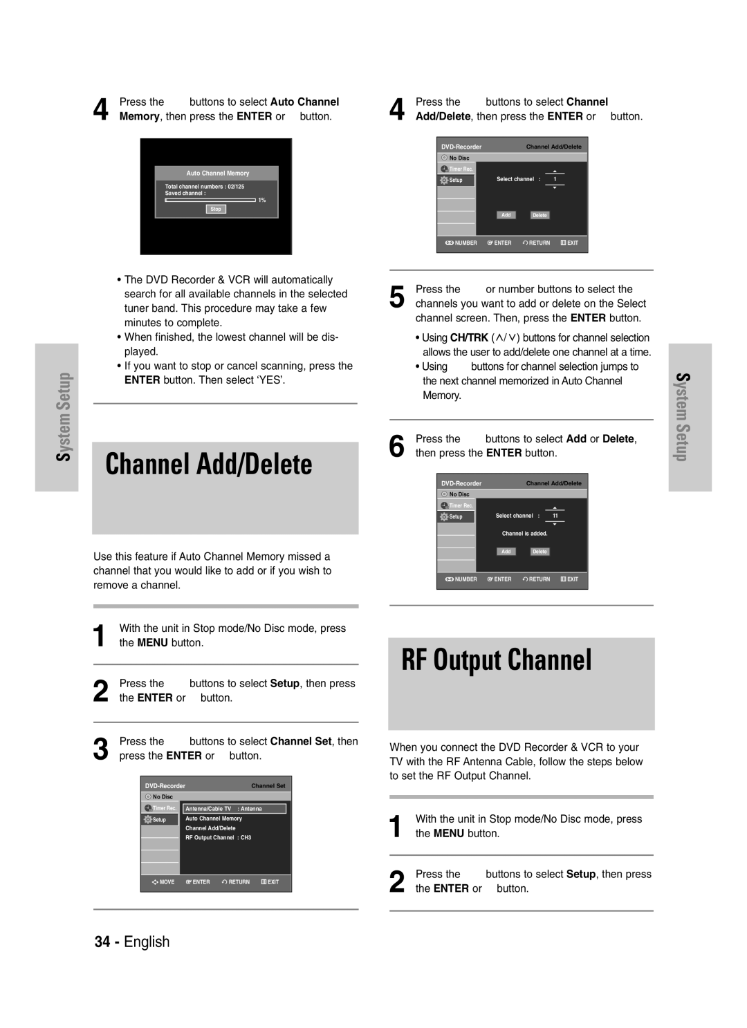 Samsung VR330S, DVD-VR330 instruction manual Channel Add/Delete, RF Output Channel 