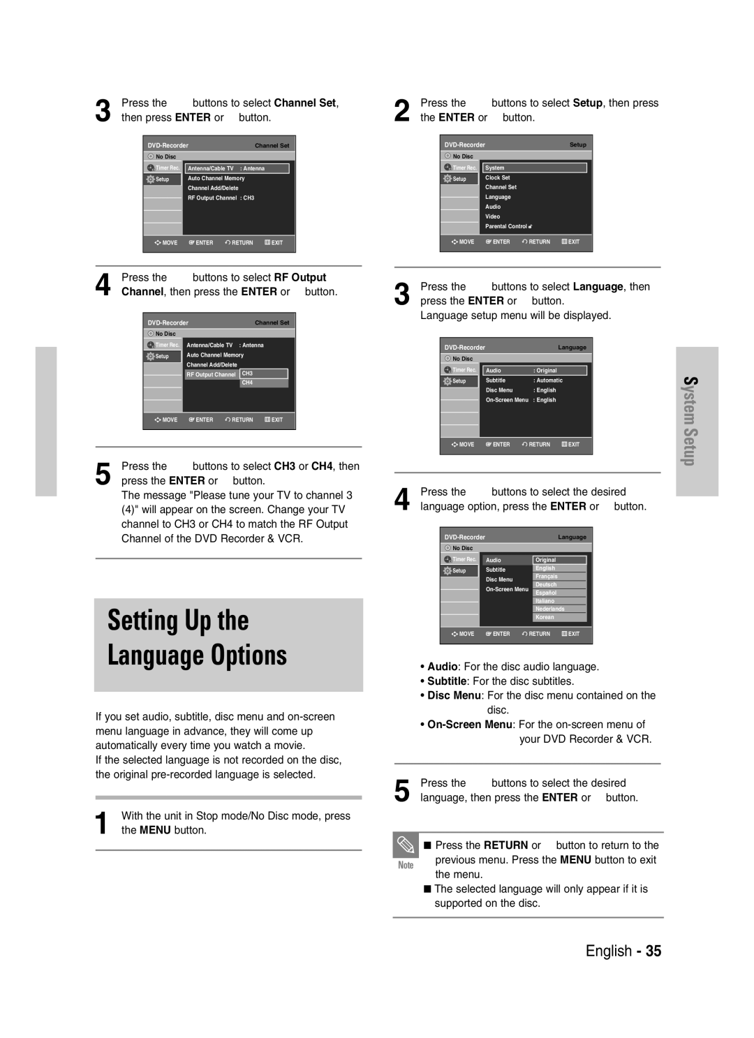 Samsung DVD-VR330, VR330S instruction manual Setting Up Language Options 