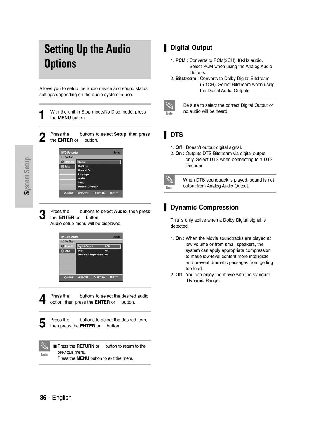 Samsung VR330S, DVD-VR330 instruction manual Setting Up the Audio Options, Digital Output, Dynamic Compression 