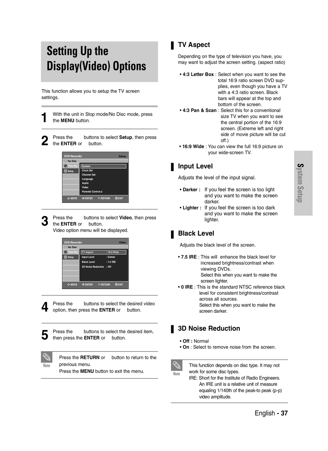 Samsung DVD-VR330, VR330S instruction manual TV Aspect, Input Level, Black Level, 3D Noise Reduction, Off Normal 