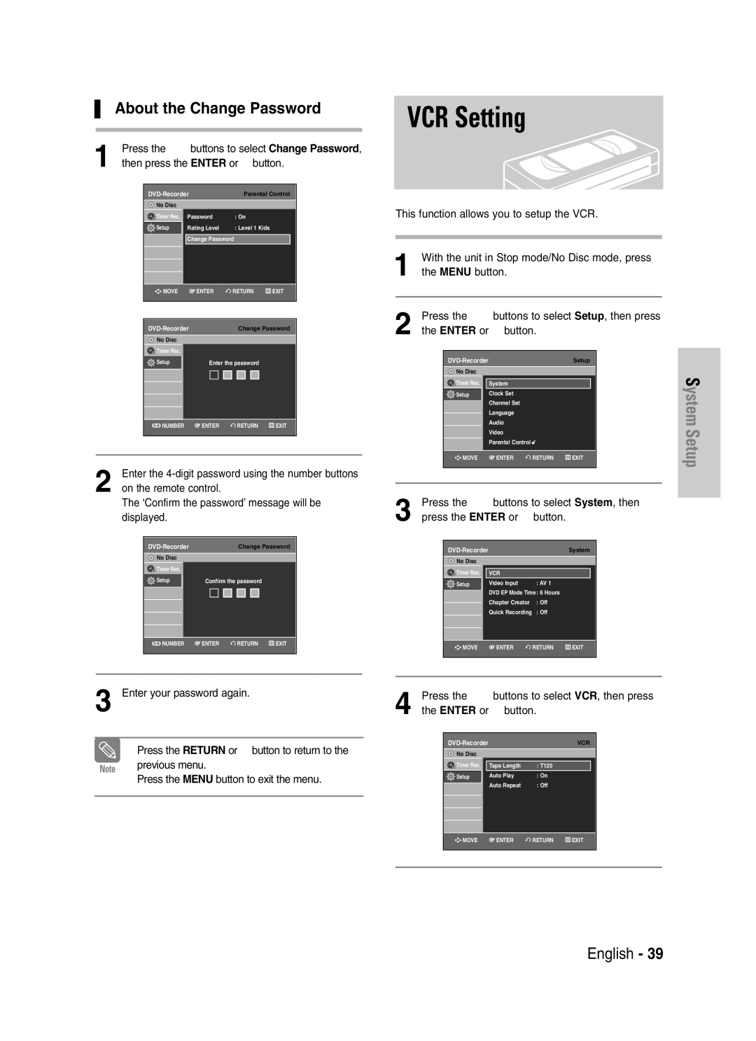 Samsung DVD-VR330, VR330S VCR Setting, About the Change Password, ‘Confirm the password’ message will be, Displayed 