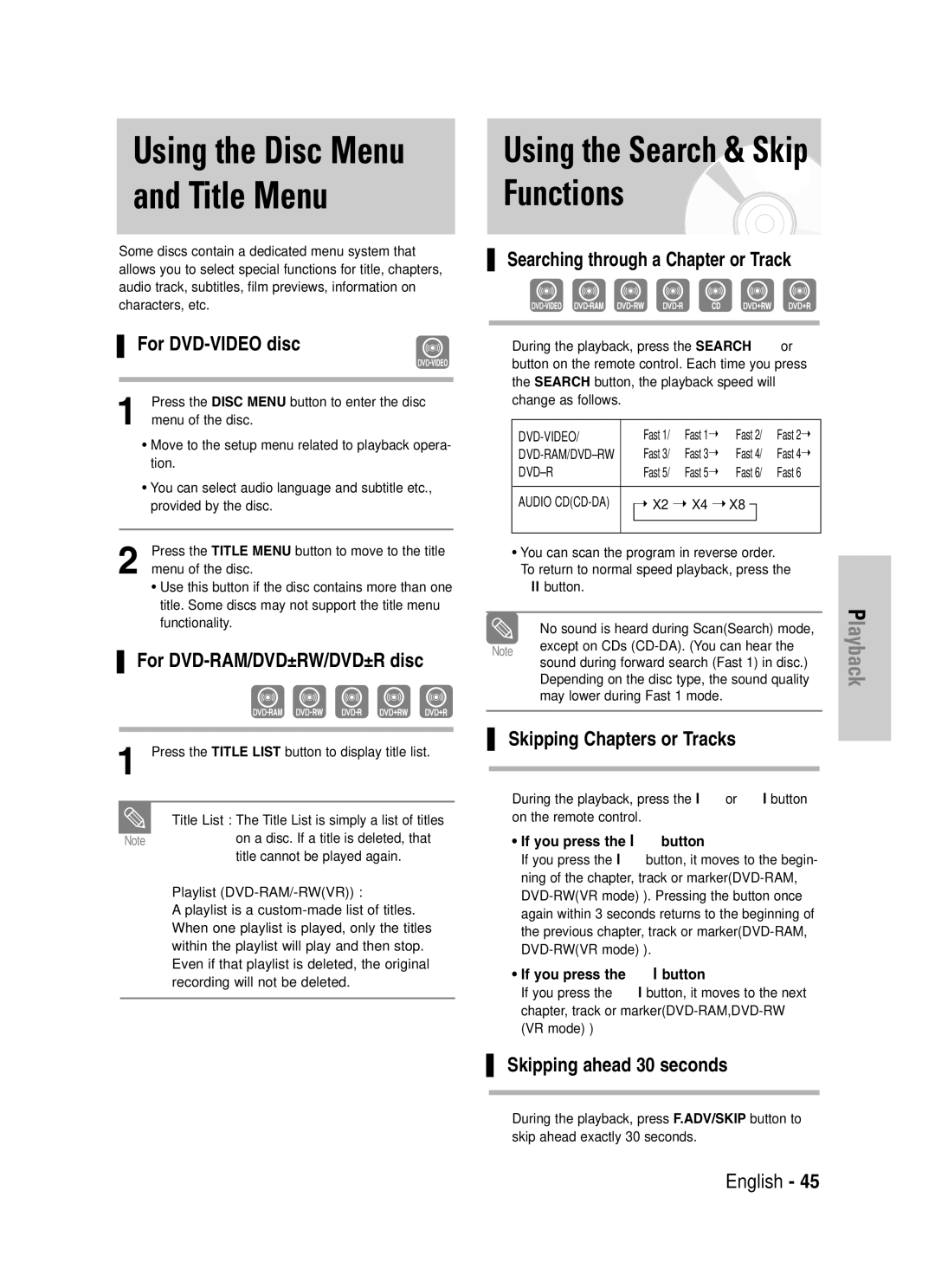 Samsung DVD-VR330, VR330S instruction manual Using the Search & Skip Functions 