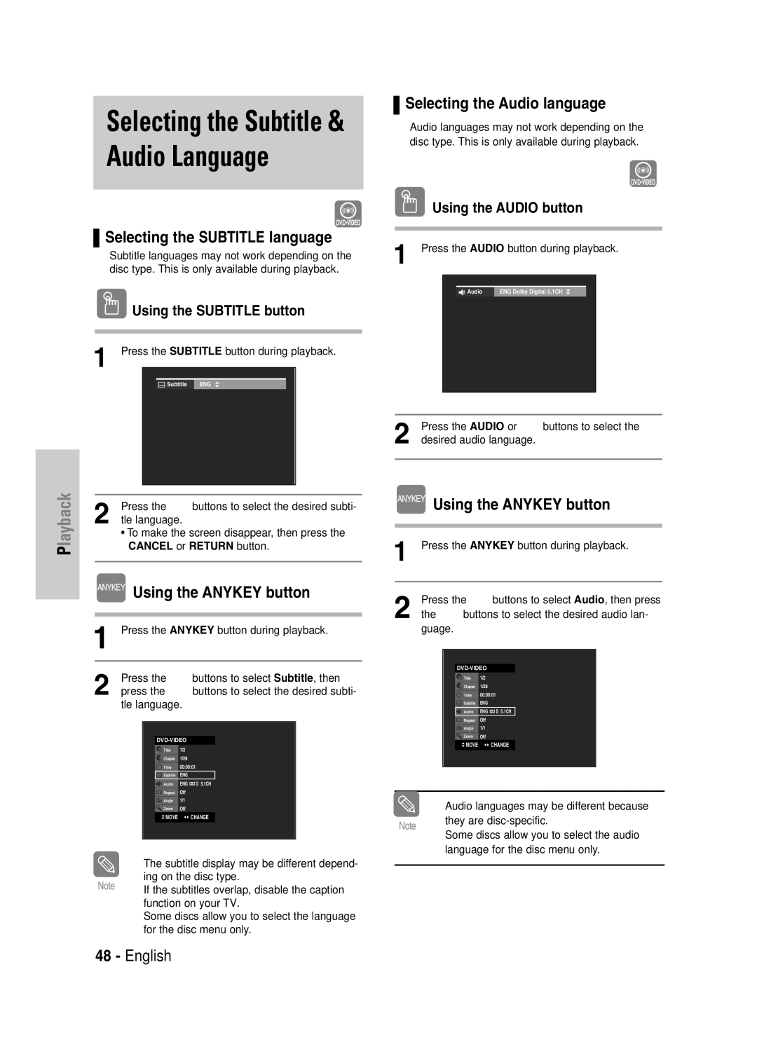 Samsung VR330S, DVD-VR330 Selecting the Subtitle language, Using the Anykey button, Selecting the Audio language, Guage 