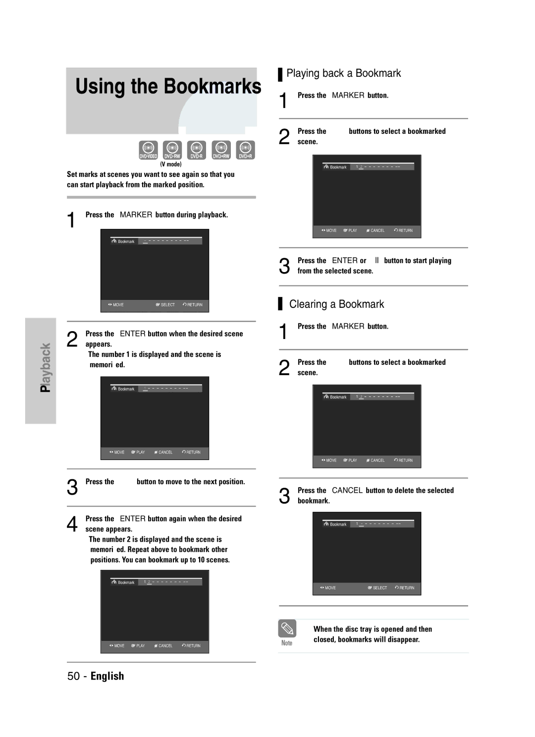 Samsung VR330S, DVD-VR330 instruction manual Playing back a Bookmark, Clearing a Bookmark 