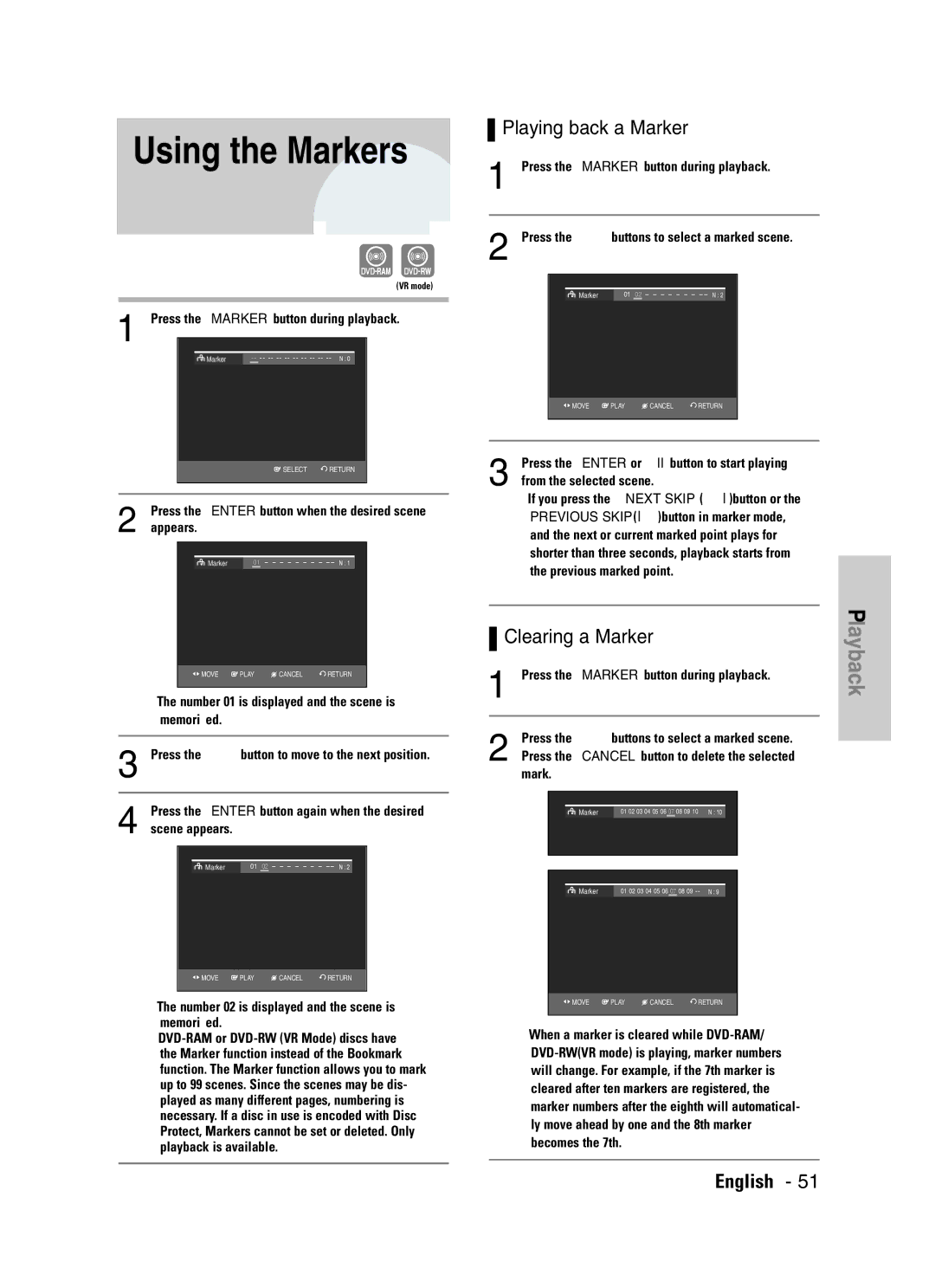 Samsung DVD-VR330, VR330S instruction manual Using the Markers, Playing back a Marker, Clearing a Marker 